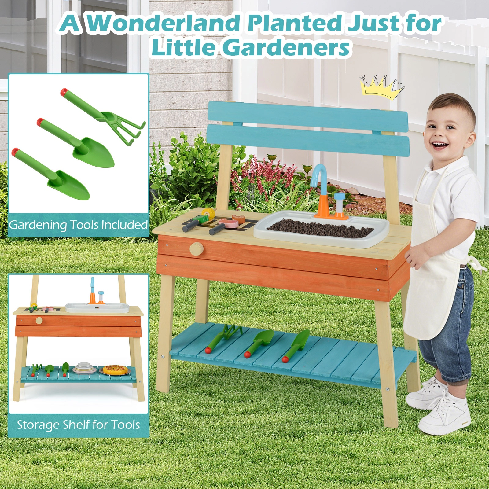 SUGIFT Wooden Mud Play Kitchen Set with Grill Rack Sink and Gardening Tools Ages 3-8 Multi-Color