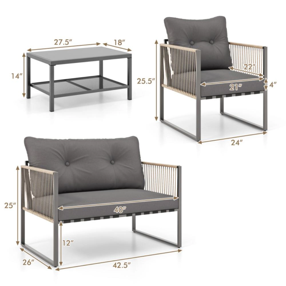 Hivvago 4 Pieces Outdoor Pe Rattan Conversation Sofa Set With Cushions-Grey