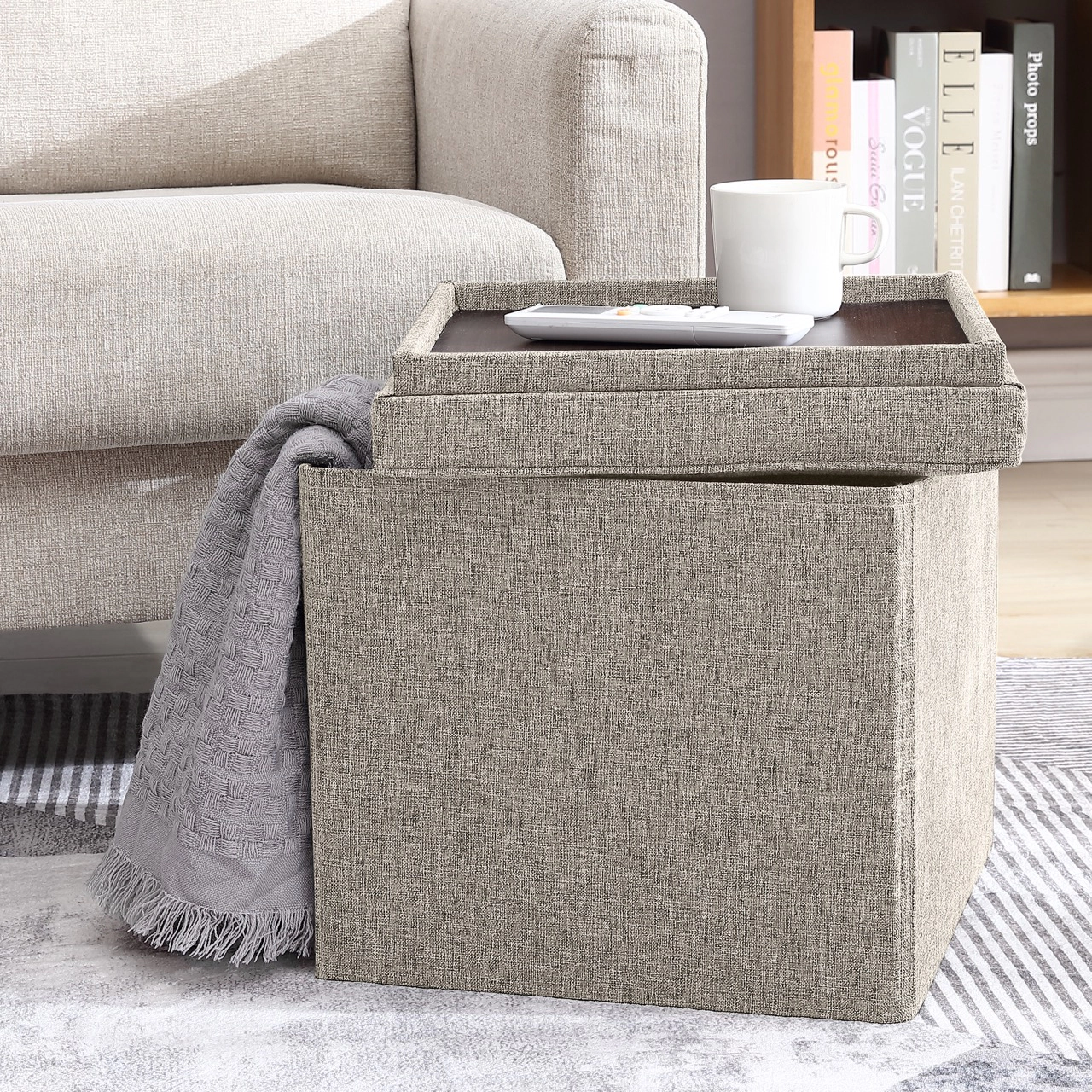 Ornavo Home Collapsible Tufted Linen Square Coffee Table Storage Ottoman