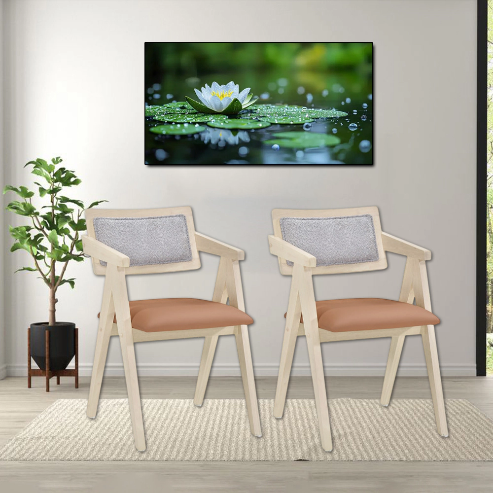 Hivvago Set of 2 Mid-Century Wood Frame Accent Chairs with Faux Leather Cushions
