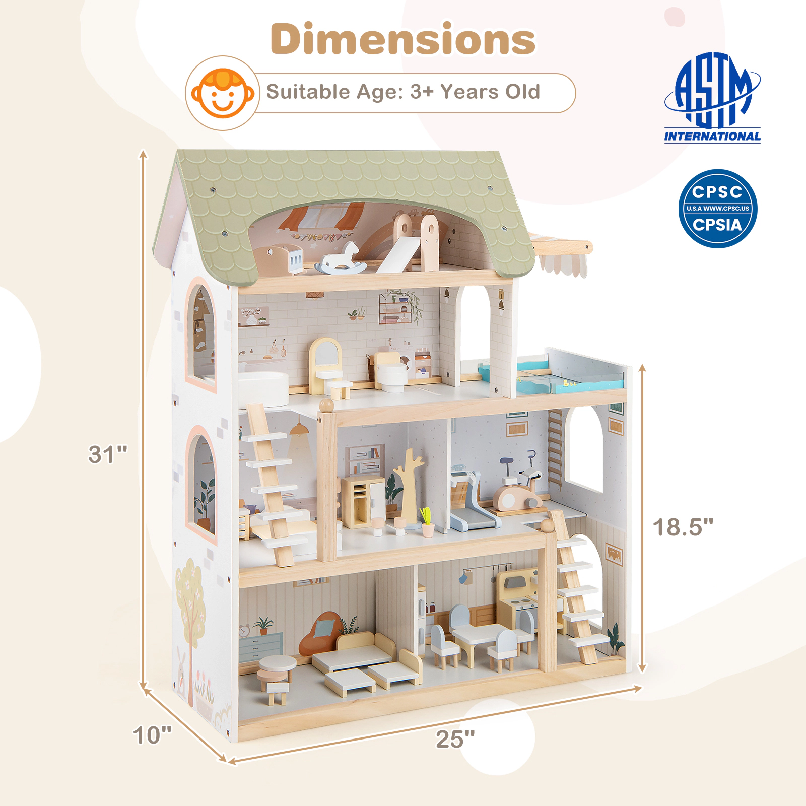 Wooden Dollhouse for Kids with 33-pc Furniture Accessories and Movable Stairs 25-in x 10-in x 31-in Green