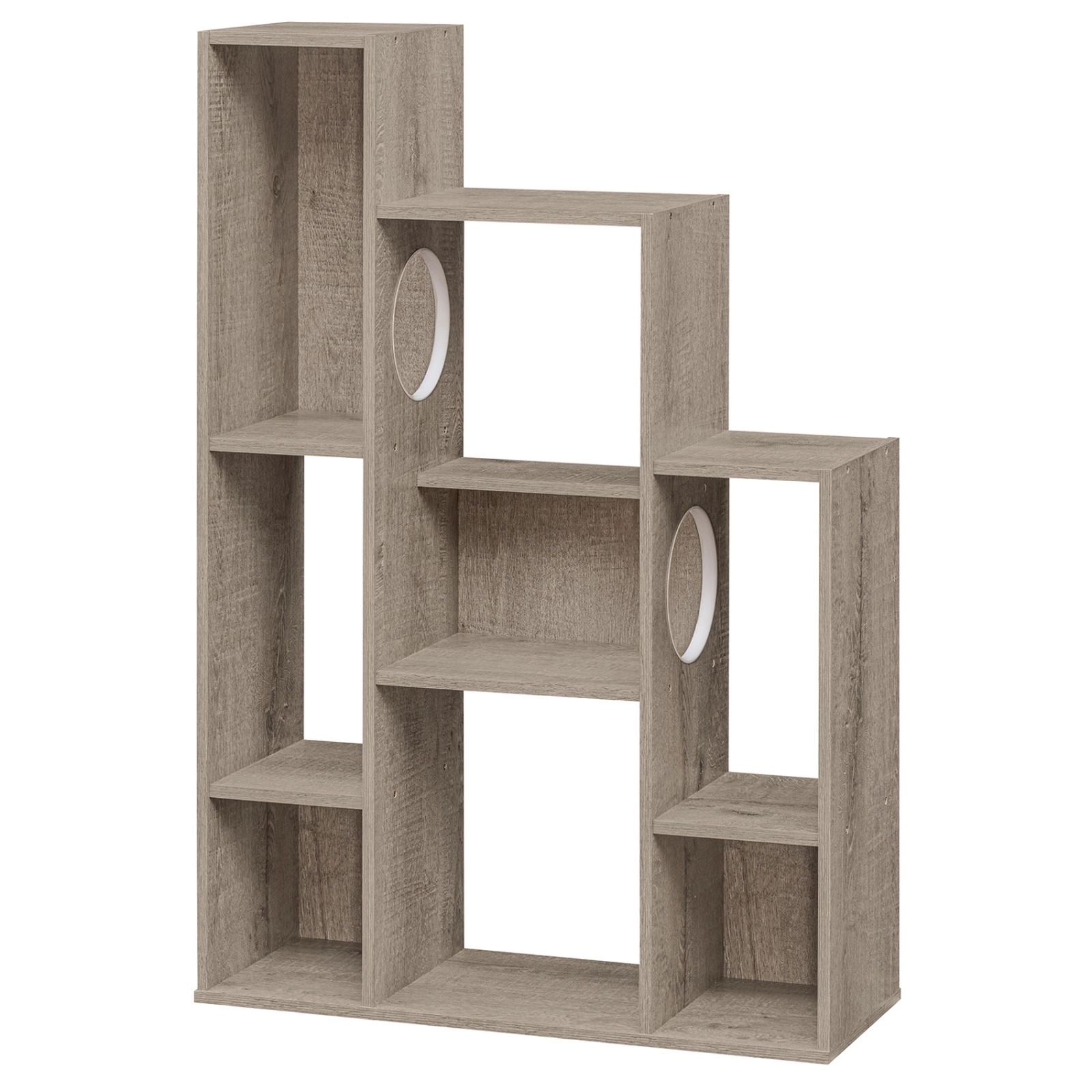 SUGIFT 46-in Gray Oak Modern Cat Tree Bookshelf with 8-Section Cabinet 2 Cat Holes and Wall Anchor