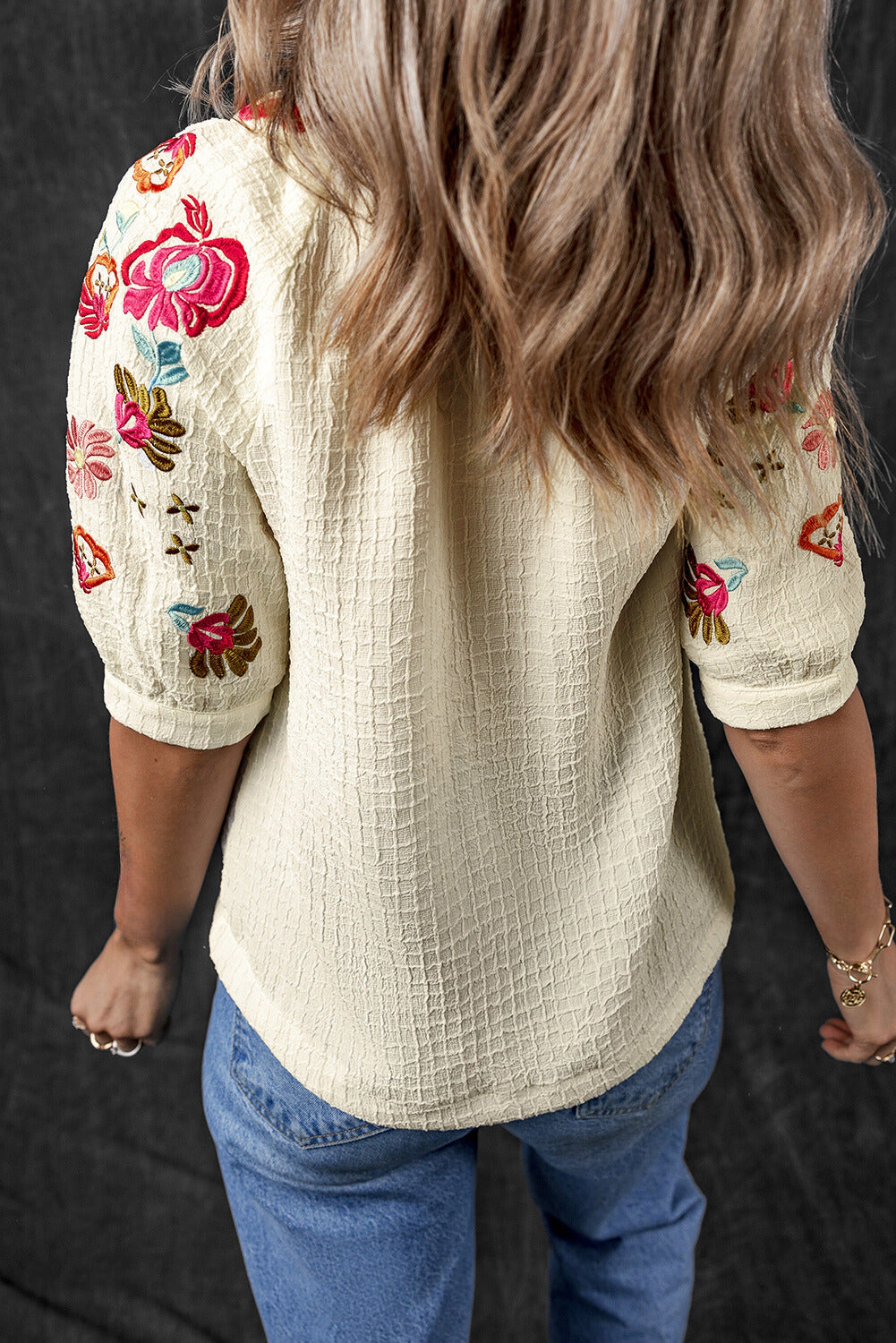 Threaded Pear Women's August Floral Embroidered Puff Sleeve Blouse