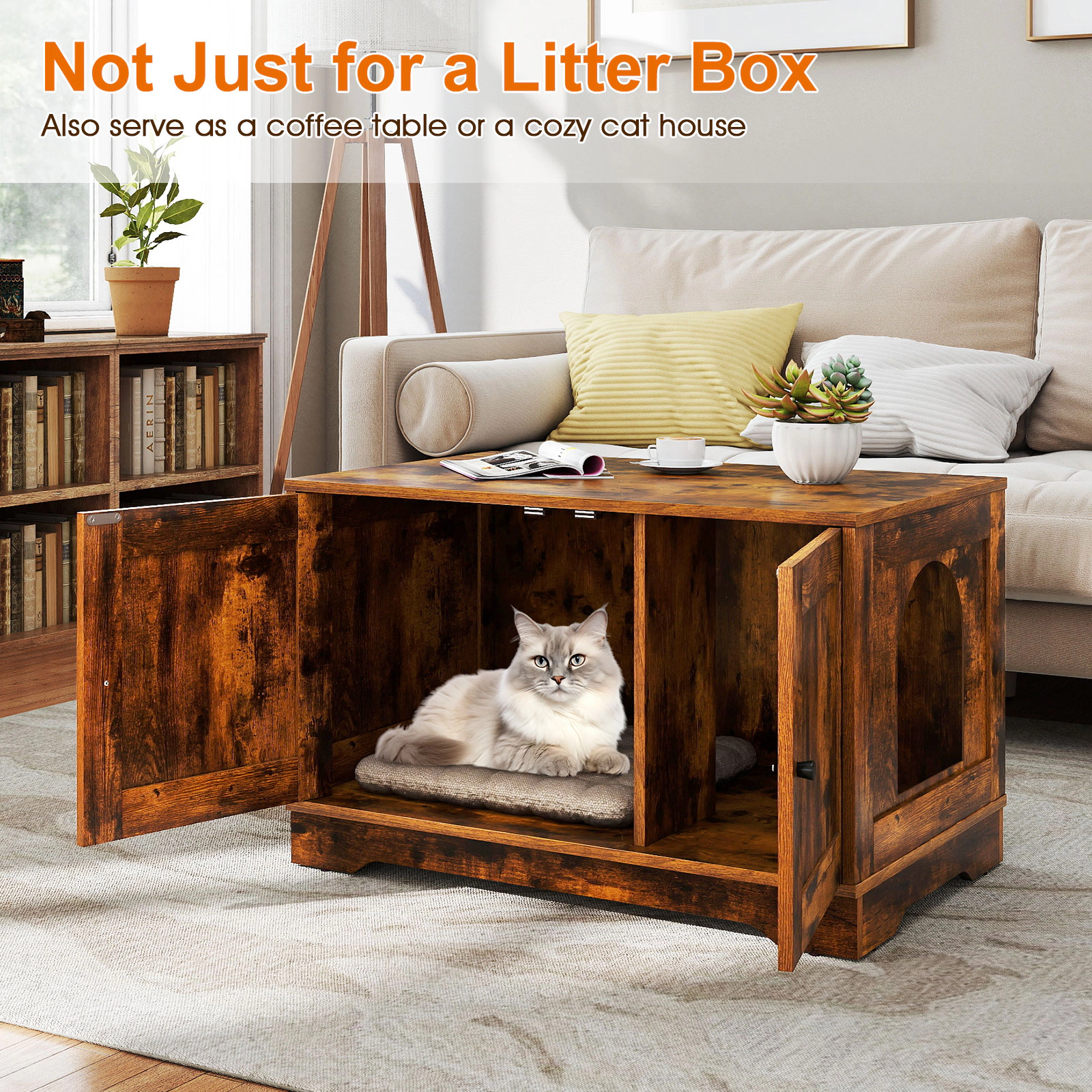 SUGIFT Cat Litter Box Enclosure Furniture Wooden Cat House Side Table 110-lb Tabletop Capacity 88-lb Interior Capacity