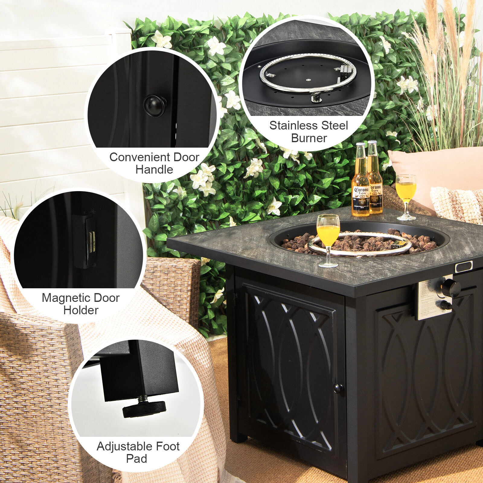 SUGIFT 32-Inch Square Propane Fire Pit Table, 50,000 BTU, Auto Ignition, Ore Powder Top, Cover
