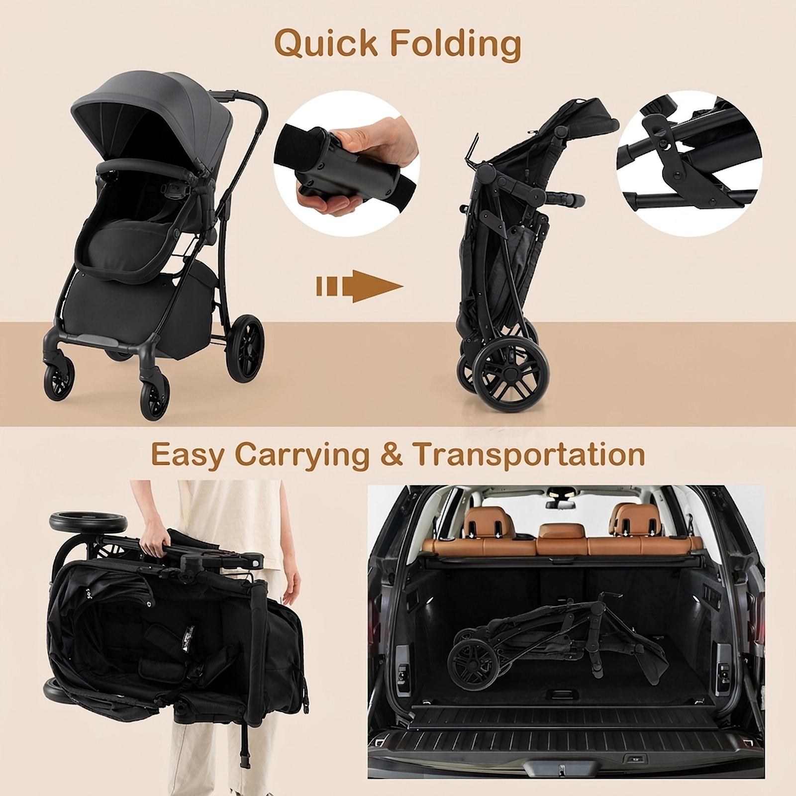 SUGIFT 2-in-1 Baby Stroller with Bassinet Mode and Reversible Seat 33-lb Capacity Ages 6-36 Months Black/Dark Gray