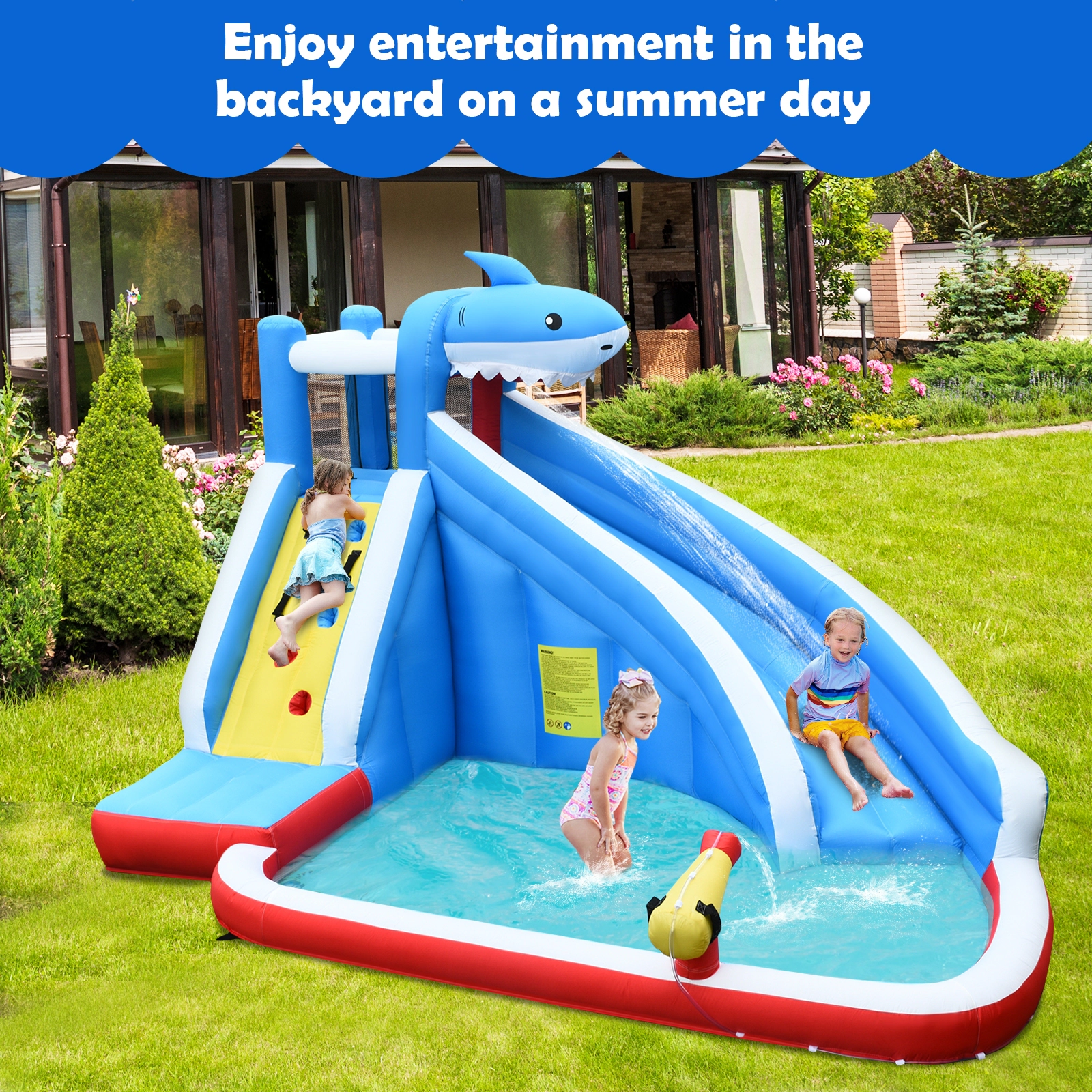 Hivvago Inflatable Shark Bounce House with Water Slide and Climbing Wall without Blower