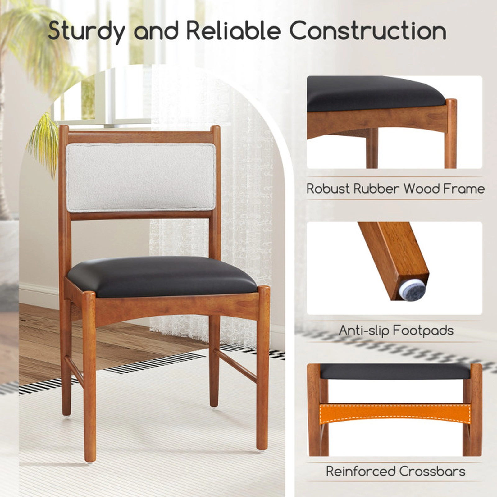 SUGIFT Walnut Wooden Rubber Wood Frame Faux Sherpa Backrest Set of 2 Dining Chairs