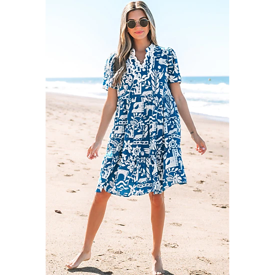 Threaded Pear Women's Halle Ricrac Trim Split Neck Floral Loose Dress