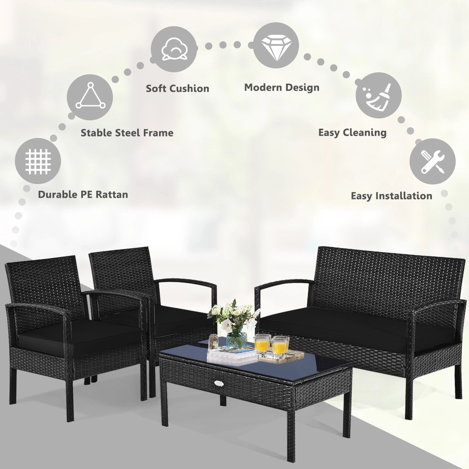 SUGIFT Tempered Glass Coffee Table 4-Piece Black Patio Rattan Cushioned Furniture Set