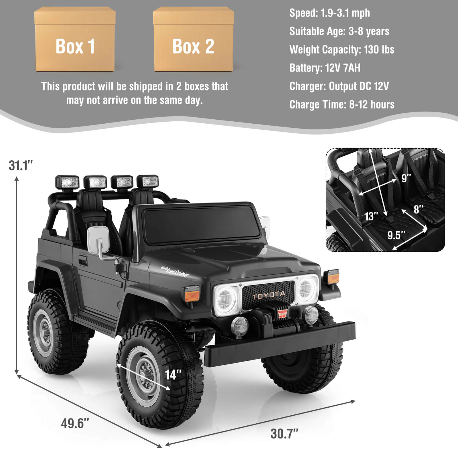 Glintex 12V 2-Seat Kids Ride-On Car with 14-Inch Wheels and 130-Lb Capacity