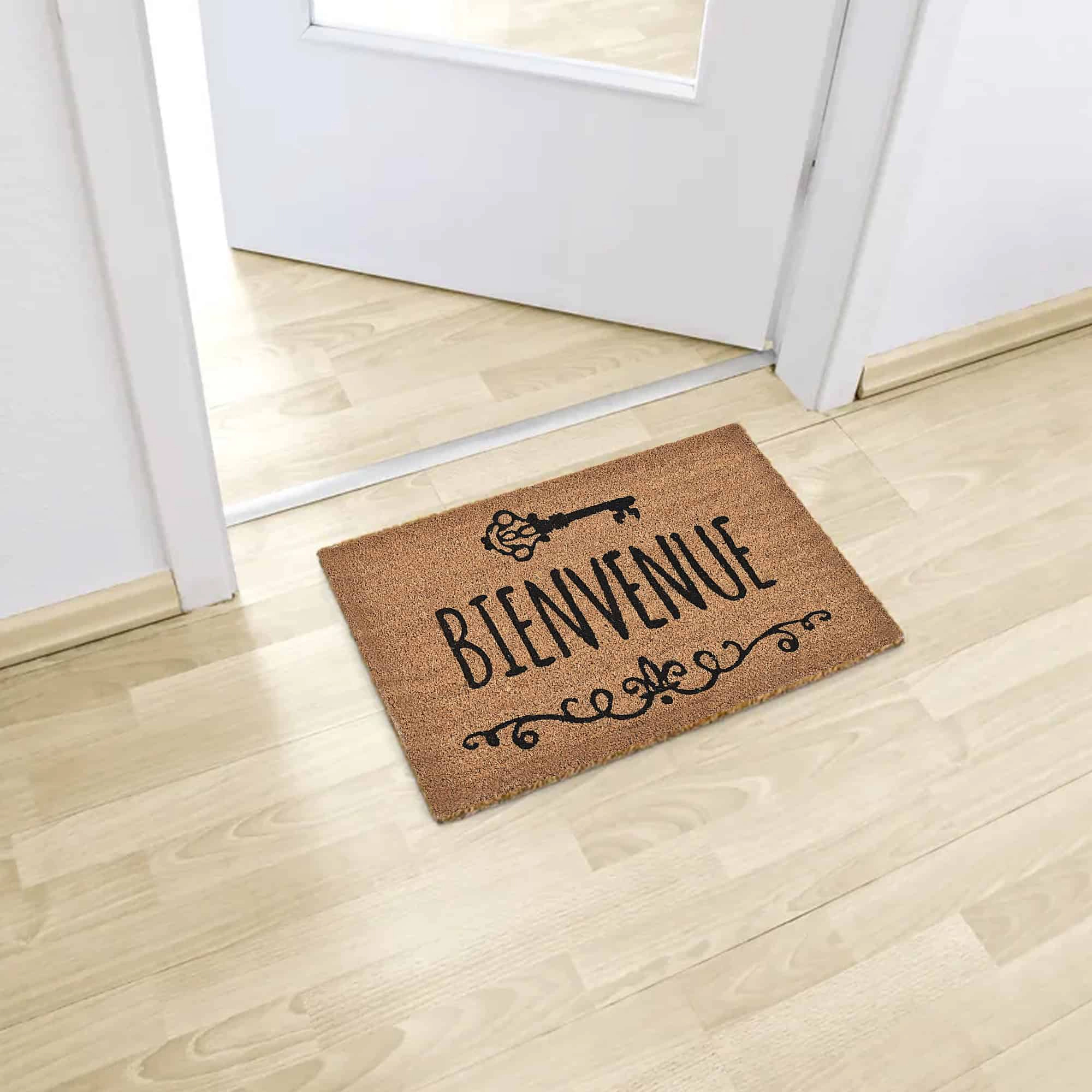 Evideco French Home Goods Natural and Black Bienvenue Coir Doormat 24 x 16 Inches