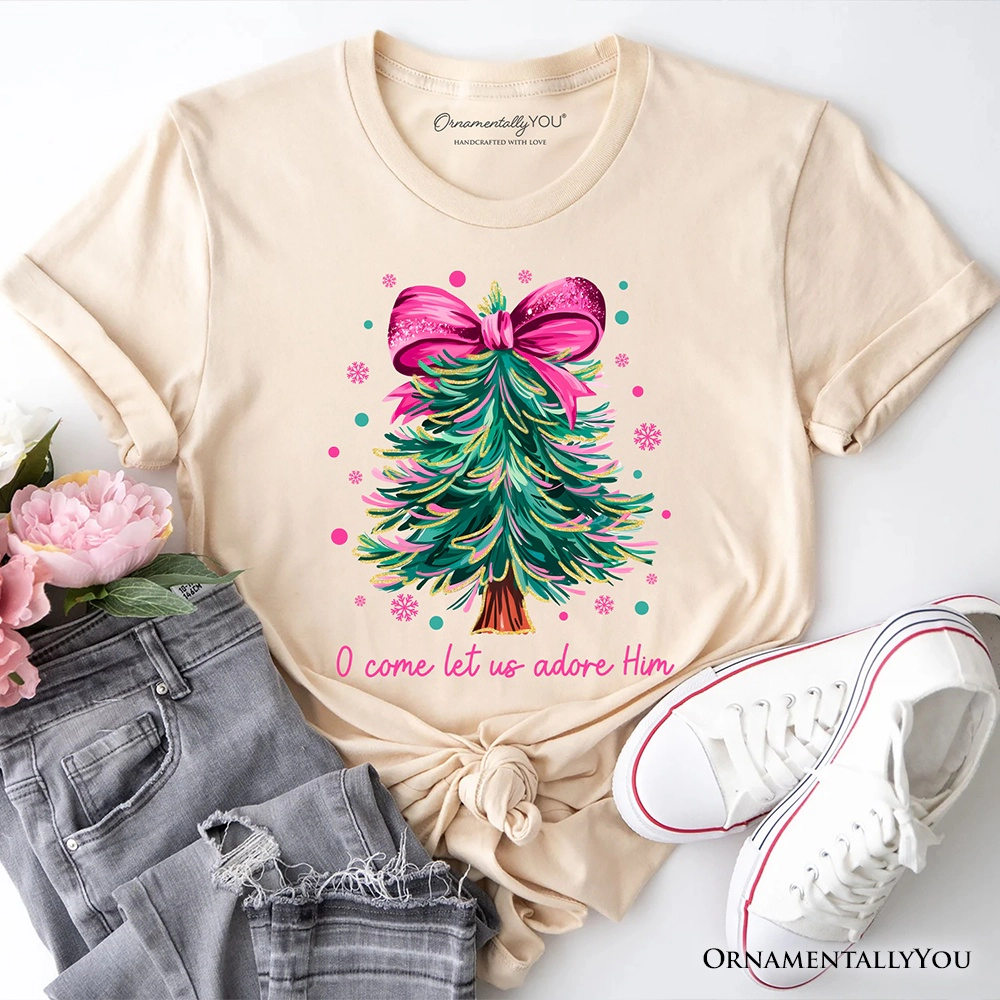 OrnamentallyYou Womens O Come Let Us Adore Him" Coquette Bow Christmas T-Shirt