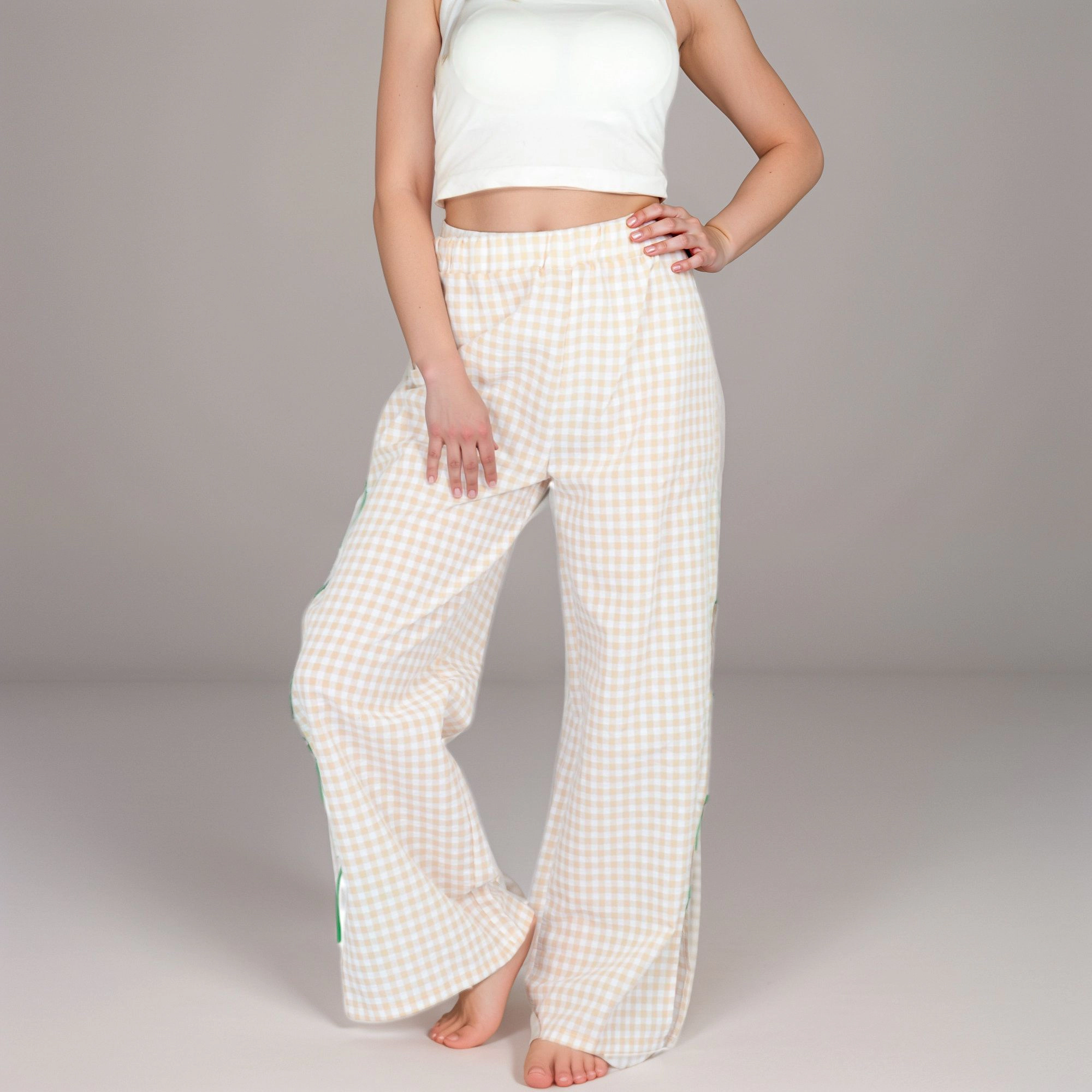 Anna-Kaci Women's Gingham Wide Leg Pants with Elastic Waistband Contrast Side Ribbon Tie Details Design