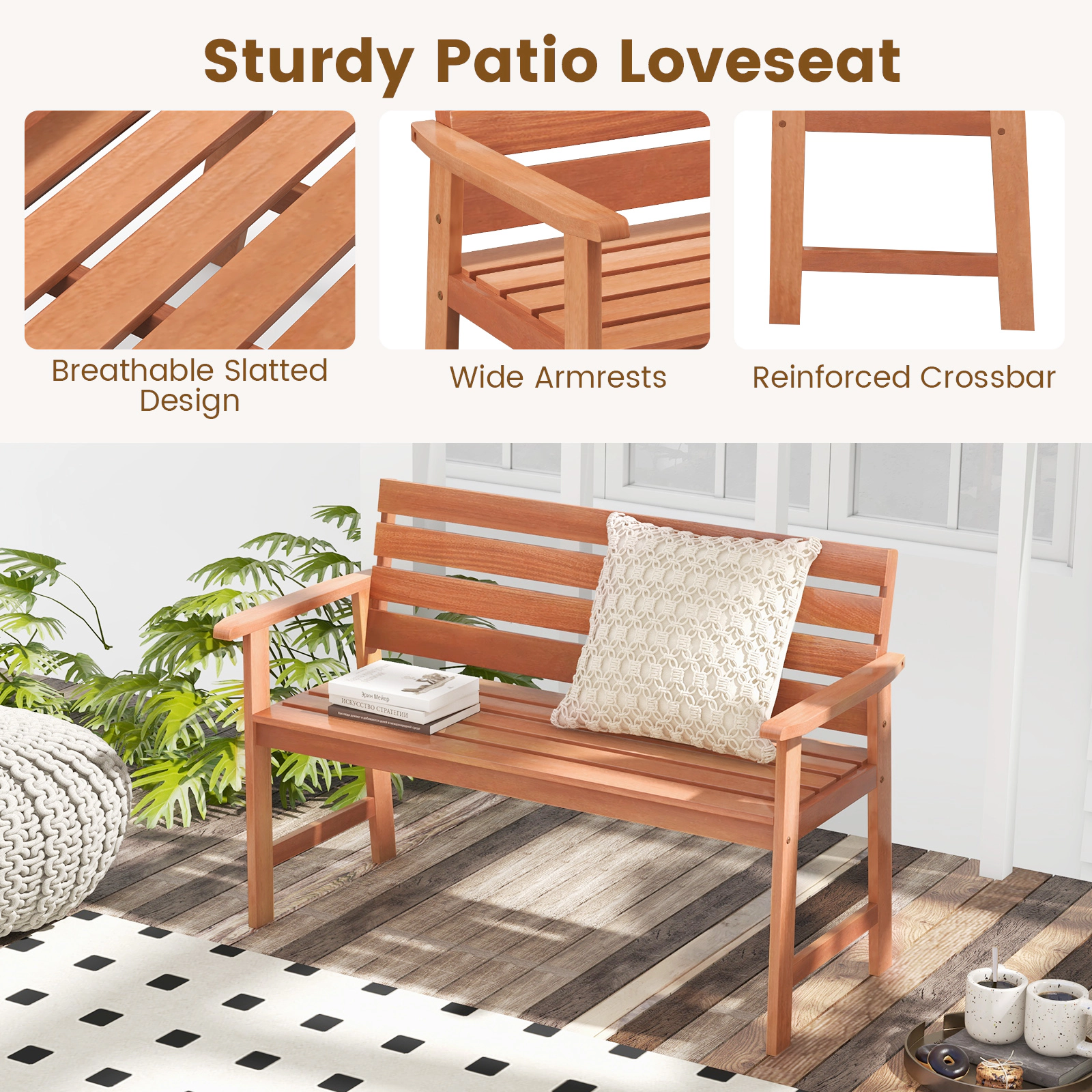 Hivvago Patio Solid Wood Bench Wood 2-Seat Chair With Breathable Slatted Seat & Inclined Backrest