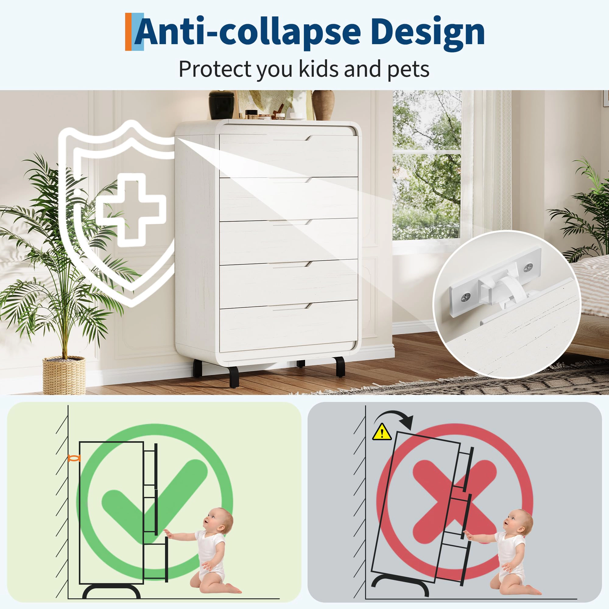 48" Tall 5 Drawer Wood Dresser with Handleless & Detachable Legs, Modern Storage Chest