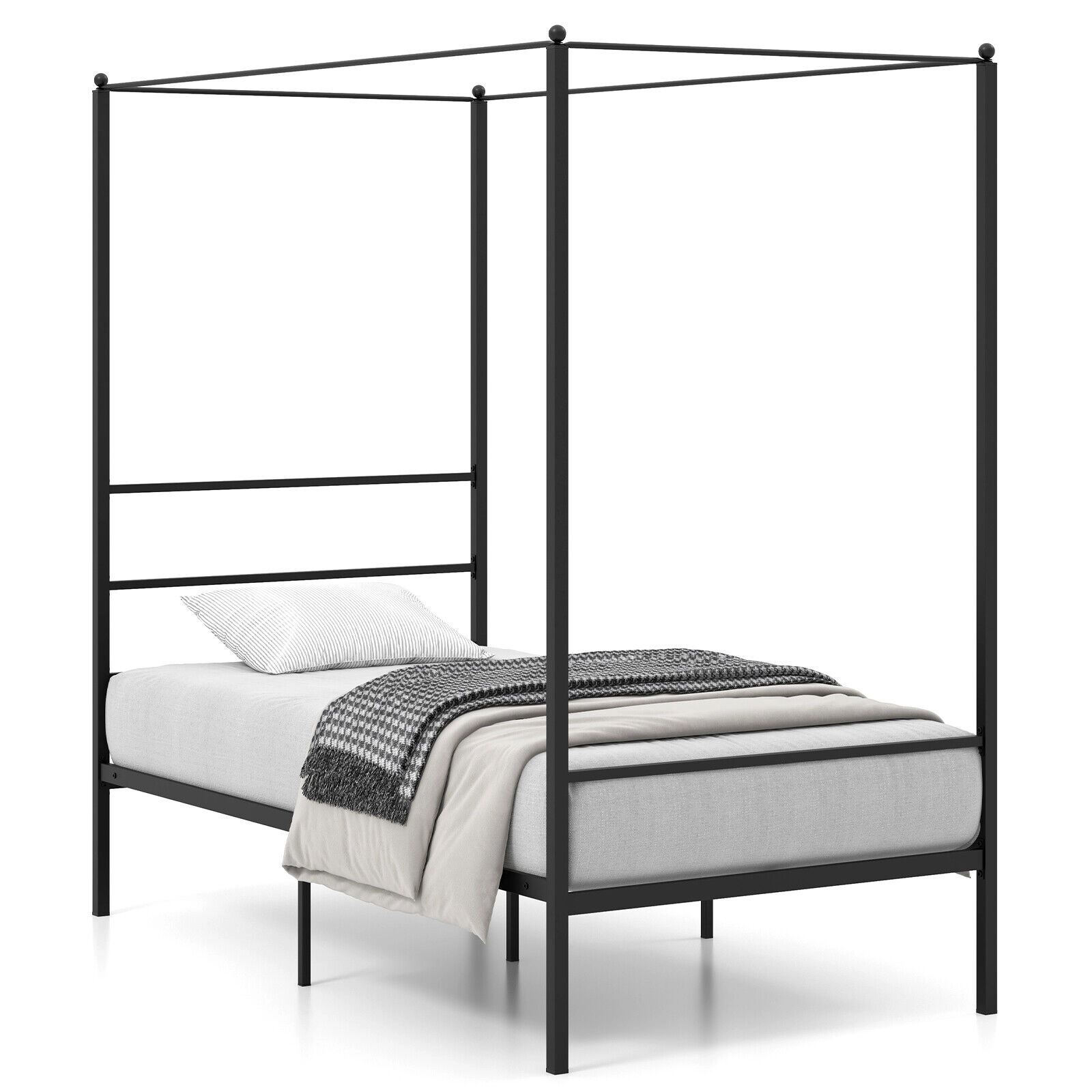 LJG Twin/Full/Queen Size Metal Canopy Bed Frame with Slat Support