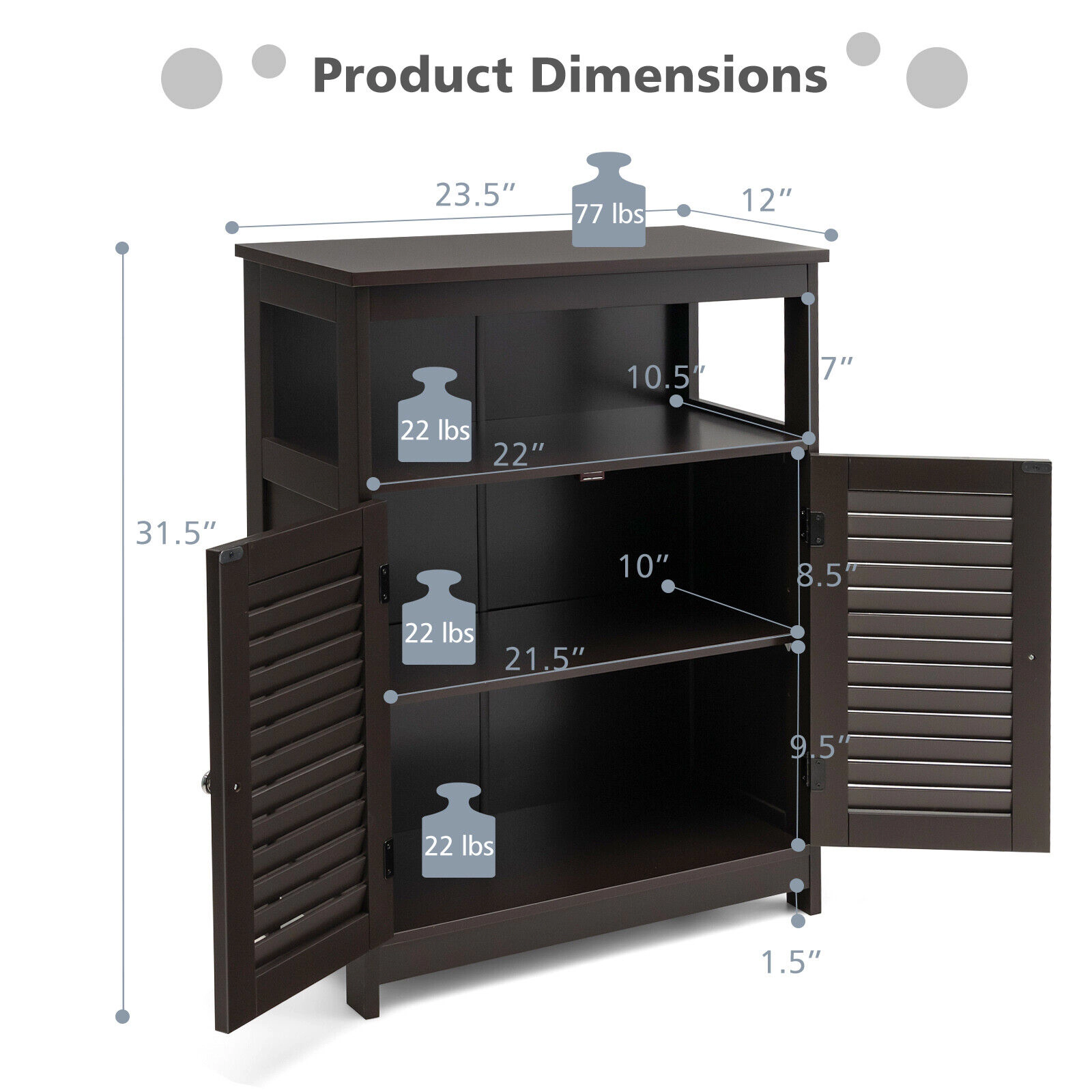 SUGIFT Double Shutter Door Open Shelf Freestanding Bathroom Floor Cabinet 23.5-in x 12-in x 31.5-in 77-lb Top Brown