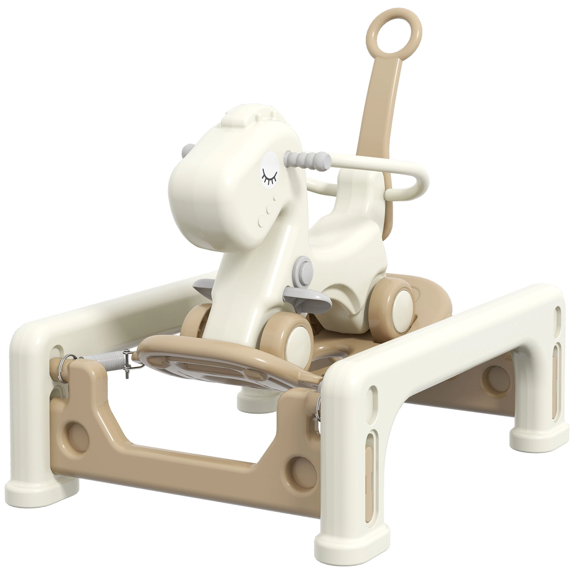 HONGGE 5-in-1 Ride-On Rocking Horse for Toddlers 1-3 Years, Detachable Balance Board & Push Handle, Cream White