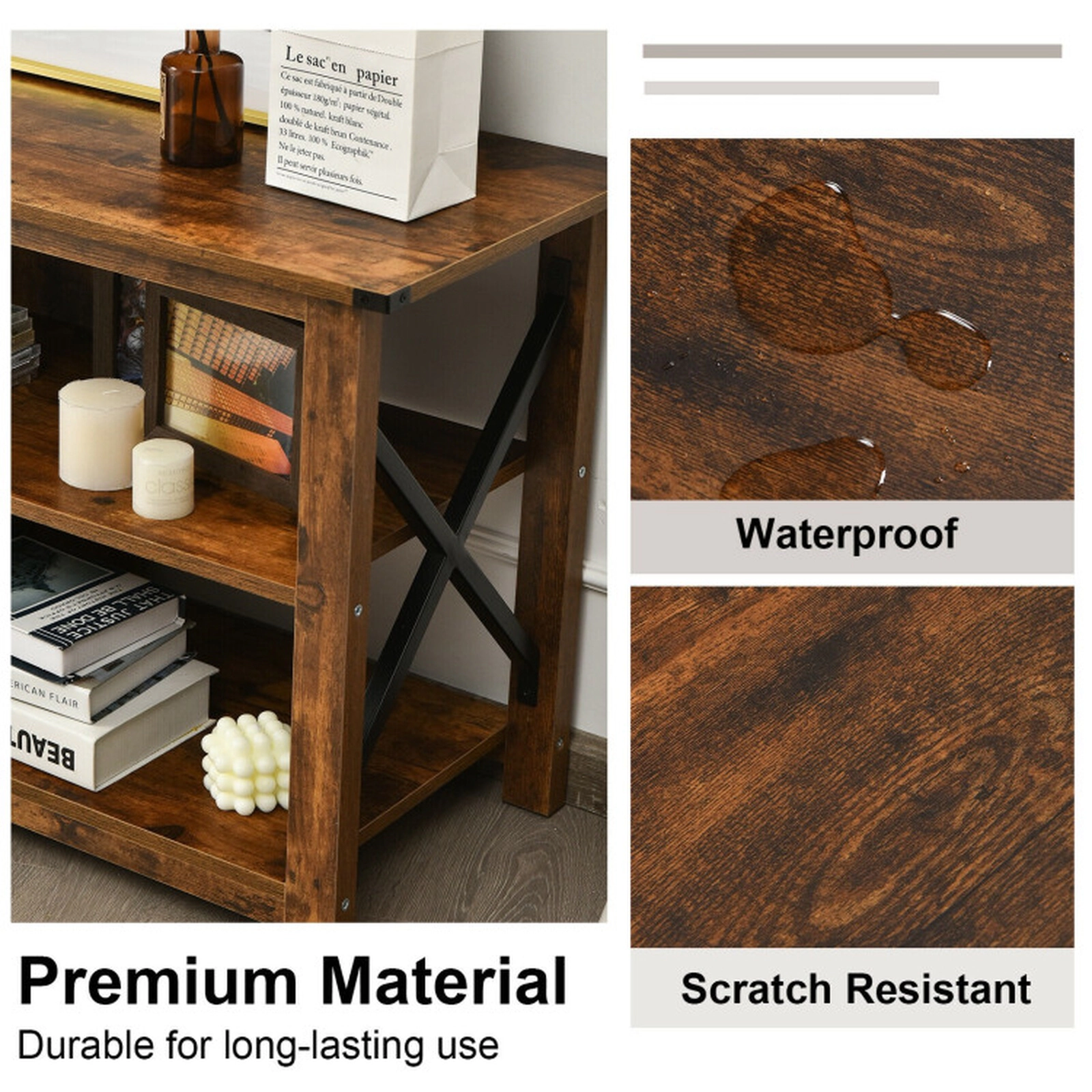 SUGIFT 3-Tier Engineered Wood TV Stand Open Shelves & X-Shaped Iron Frame for 55-in TVs 110-Lb Tabletop Capacity Brown