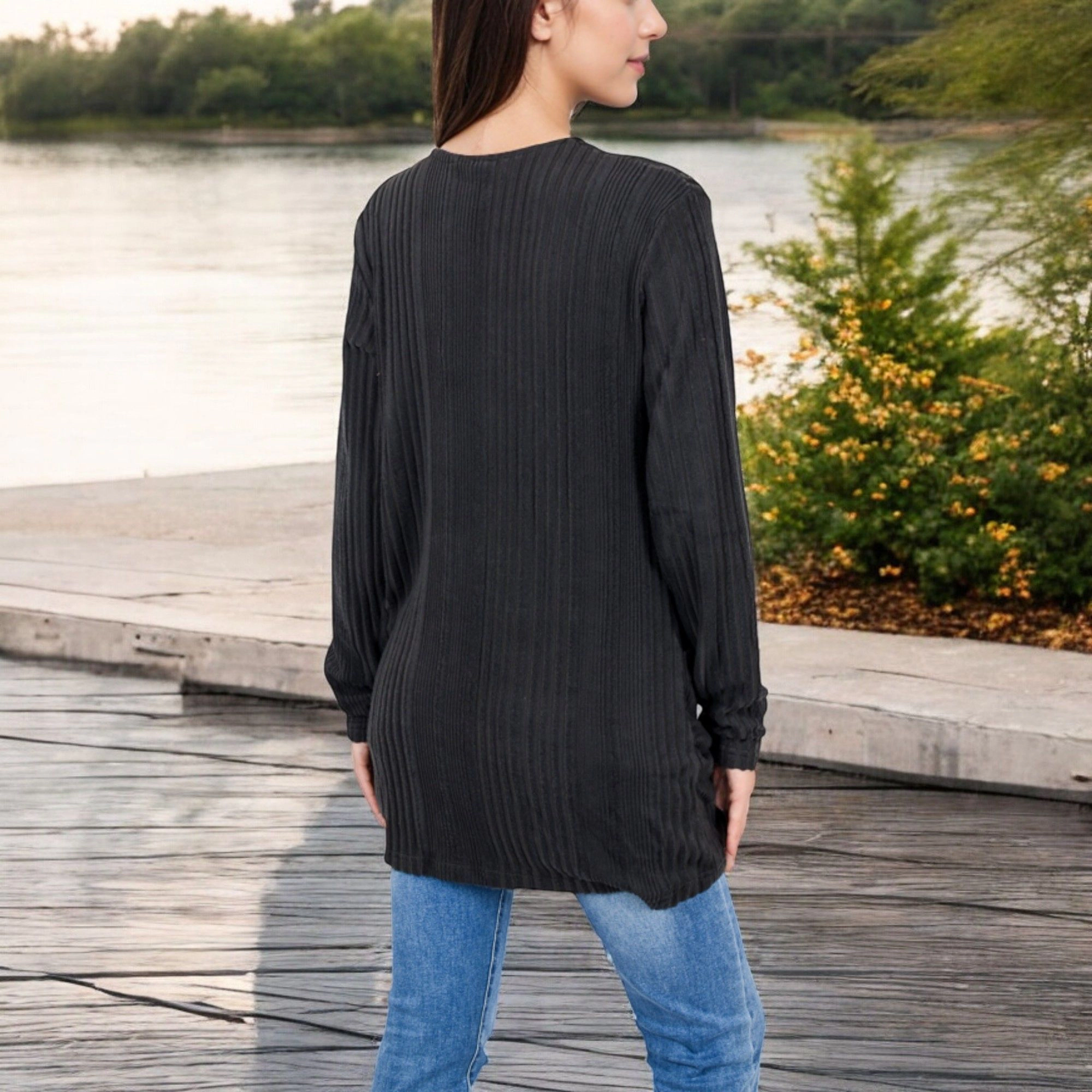 Anna-Kaci Women's Open Front Ribbed Cardigan with Long Sleeves and Pockets