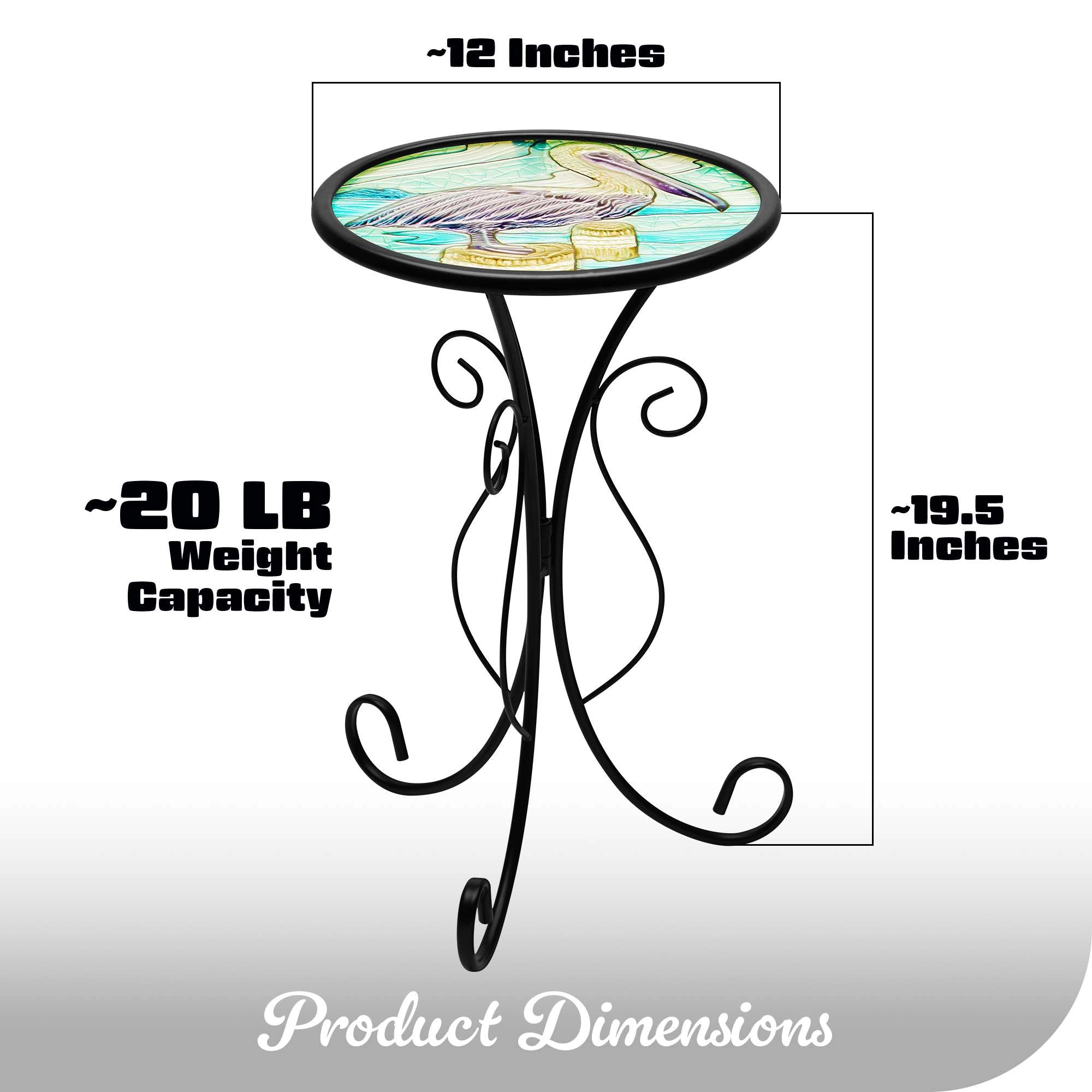 G128 12 in Round Glass Outdoor Side Table Pelican Pattern, Foldable Metal End Table for Garden Patio Porch Living Room
