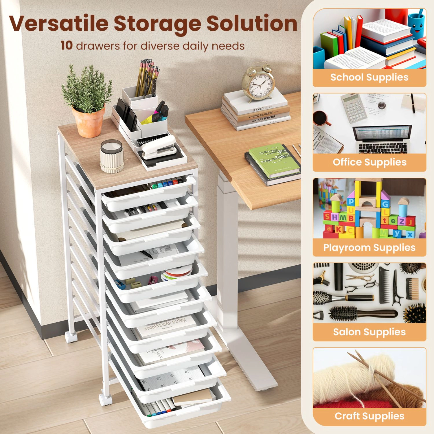 SlickBlue 10 Drawer Rolling Storage Cart with Wooden Top Organizer