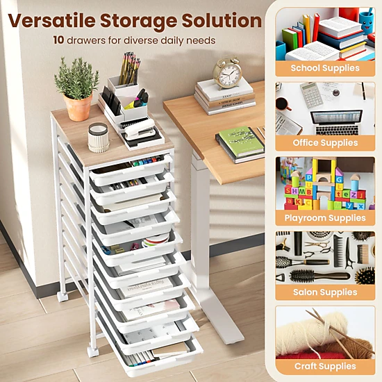 SlickBlue 10 Drawer Rolling Storage Cart with Wooden Top Organizer