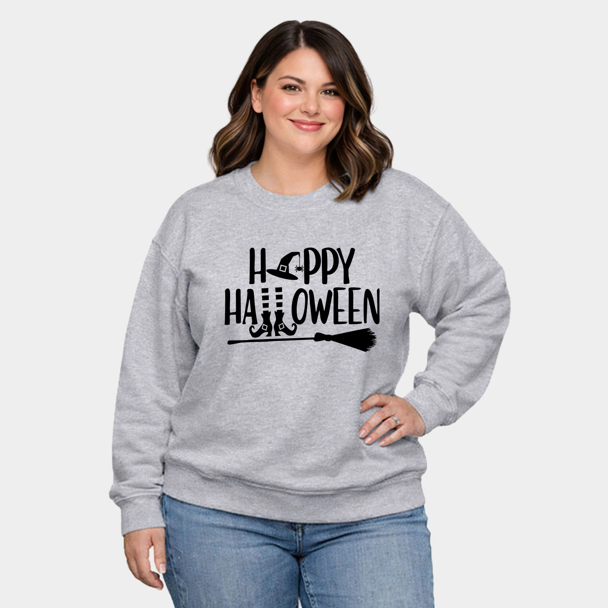 Simply Sage Market - Women's Plus Sweatshirt Happy Halloween Witch