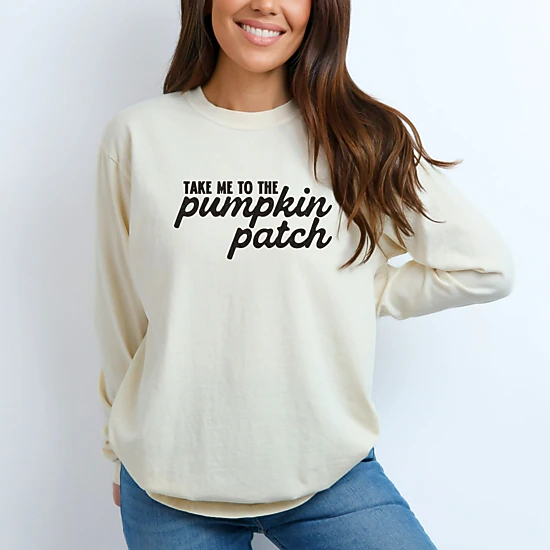 Simply Sage Market - Women's Garment Dyed Long Sleeve Graphic T-Shirt - Take me to the Pumpkin Patch Cursive