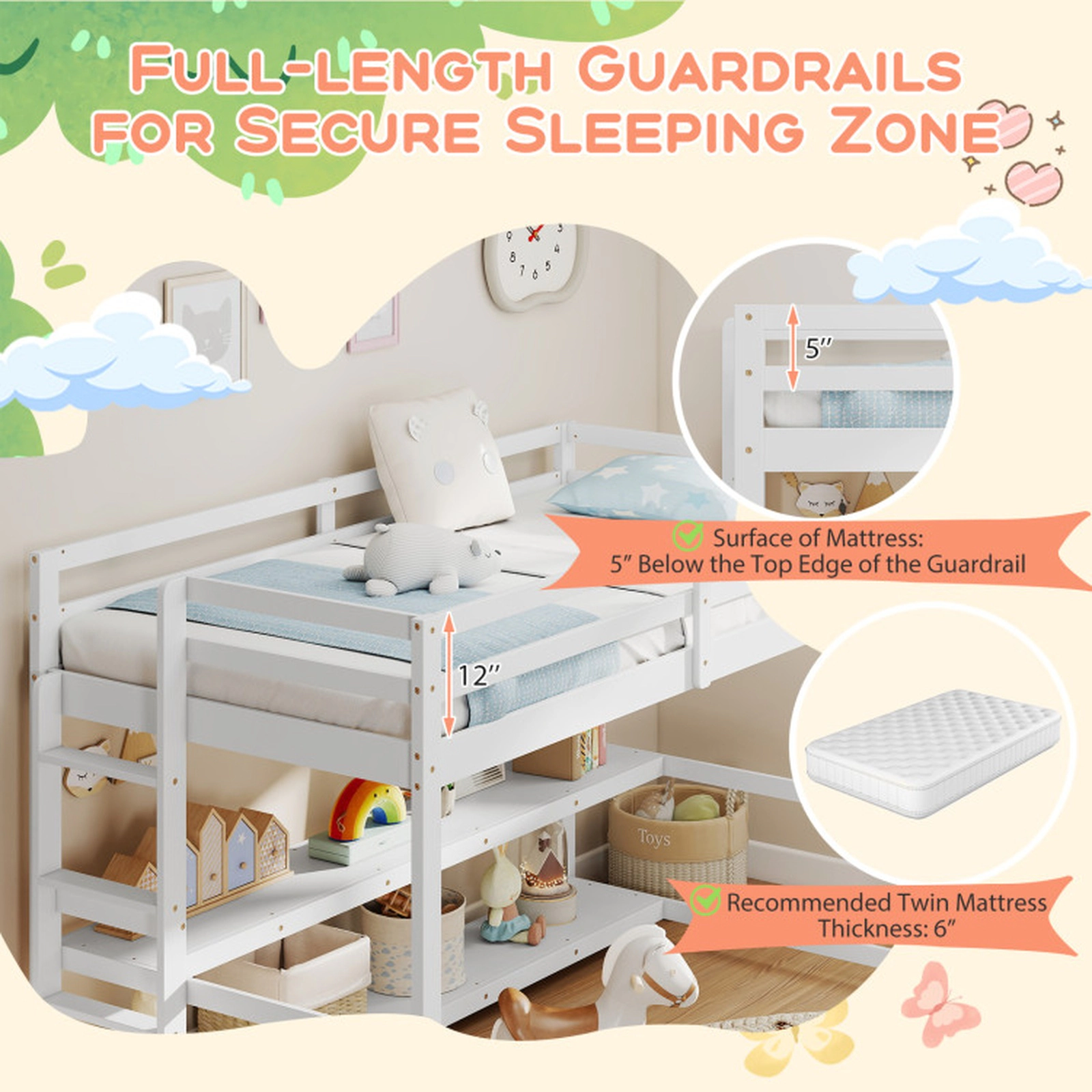 SUGIFT White 2 Storage Shelves Full-Length Guardrails and Ladder Twin Kids Loft Bed