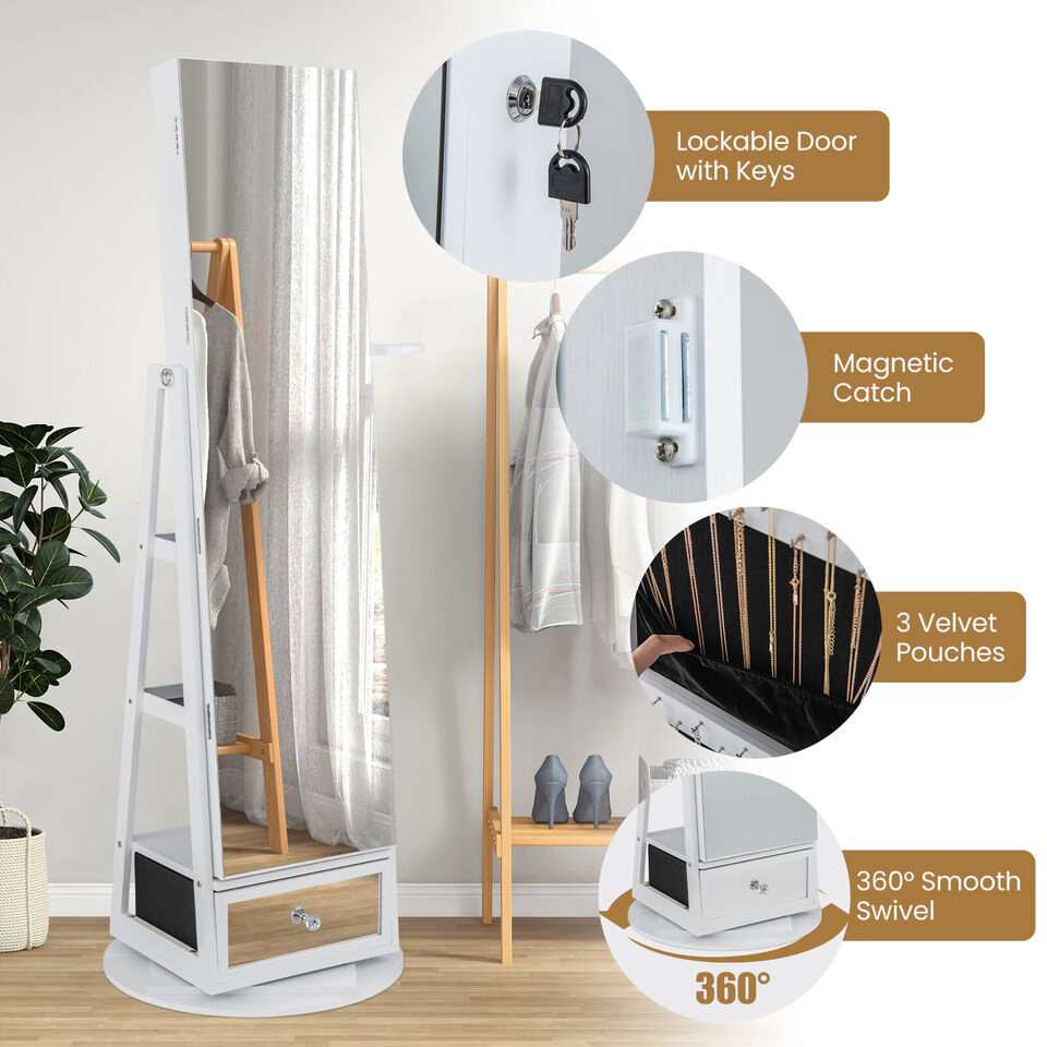 SUGIFT Lockable 360° Swivel Jewelry Cabinet with Full-Length Mirror LED Lights and Makeup Shelf White