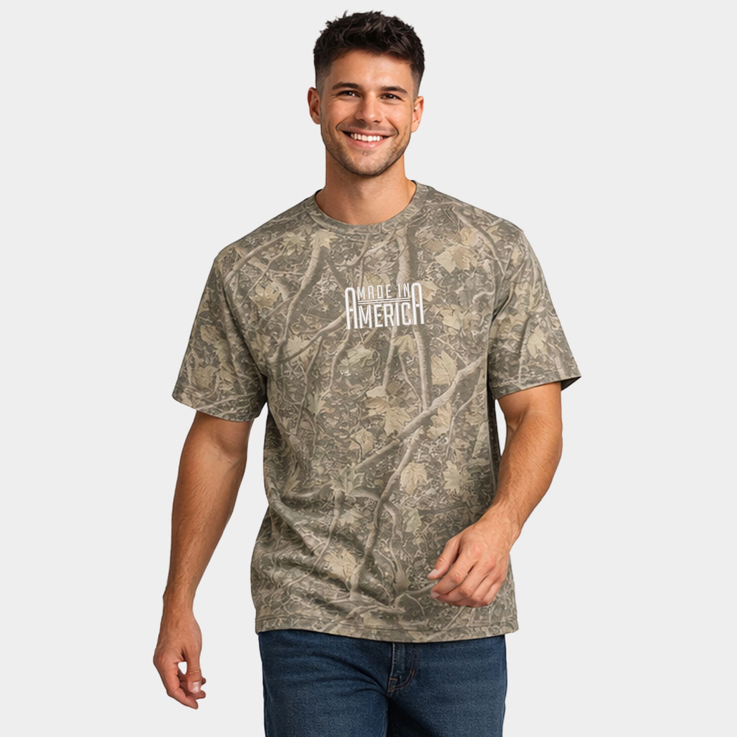 Simply Sage Market - Men's Heavyweight Camo Tee Embroidered Made America Rounded