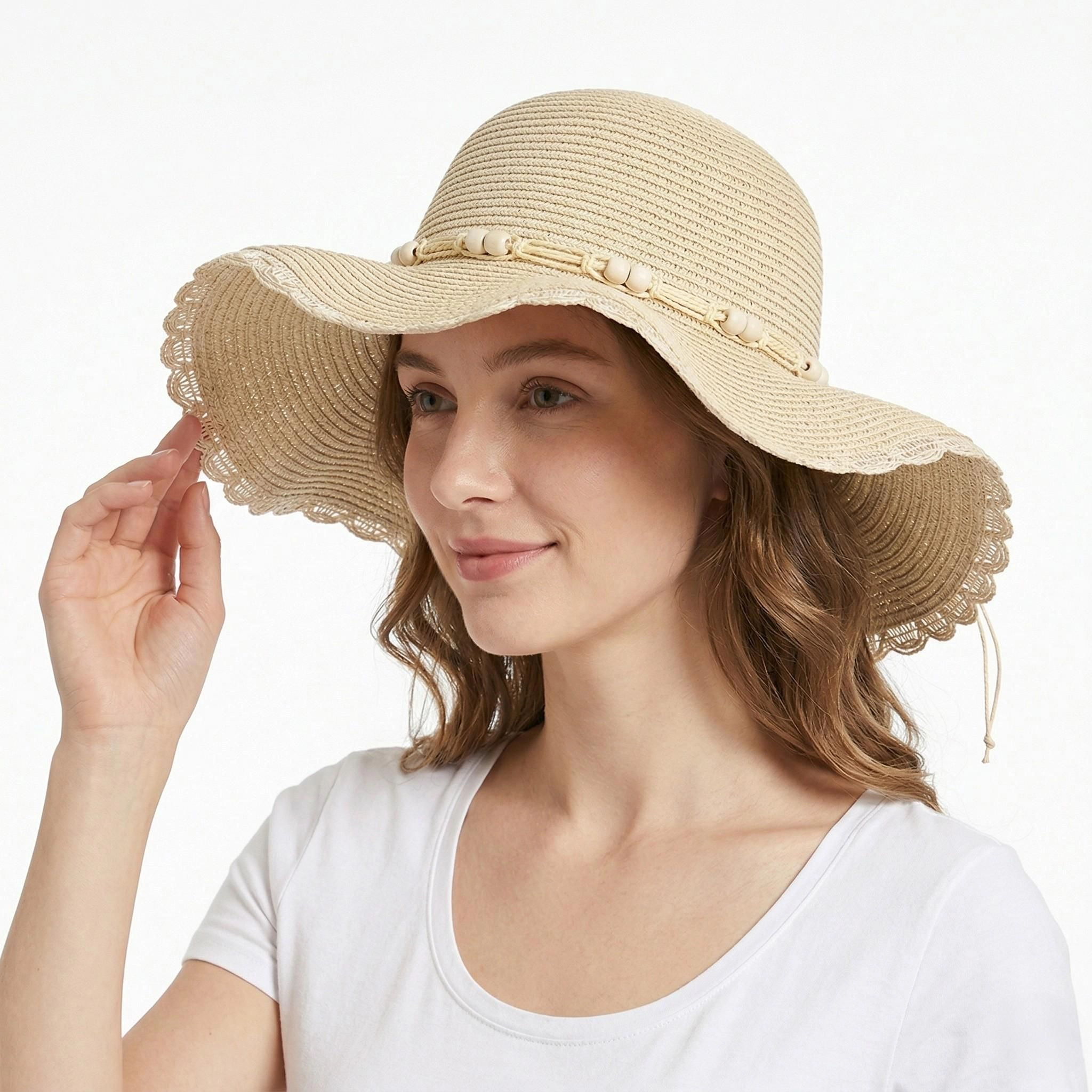 Anna-Kaci Women's Women Straw Sun Hat Wide Brim Floppy Beach Woven Scalloped Edge Adjustable Summer