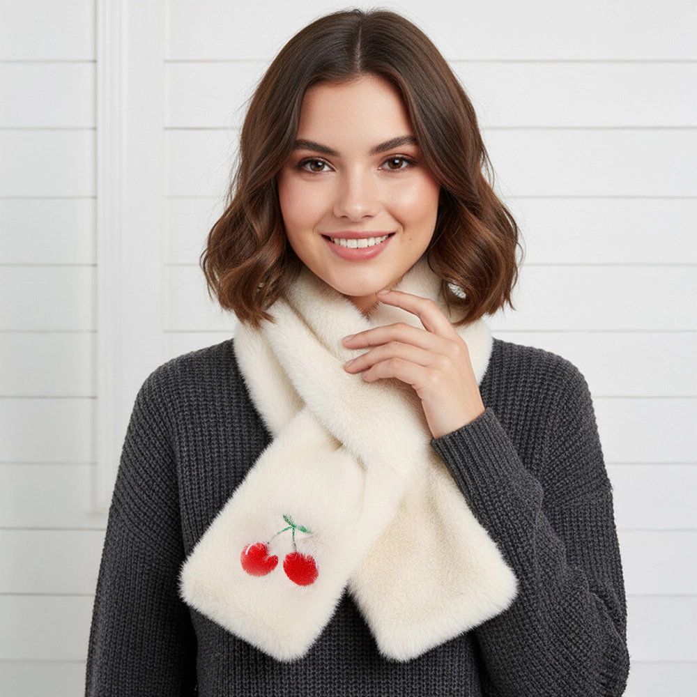 Truedames Faux Fur Plush Cherry Embroidered Pull Through Scarf Red, White