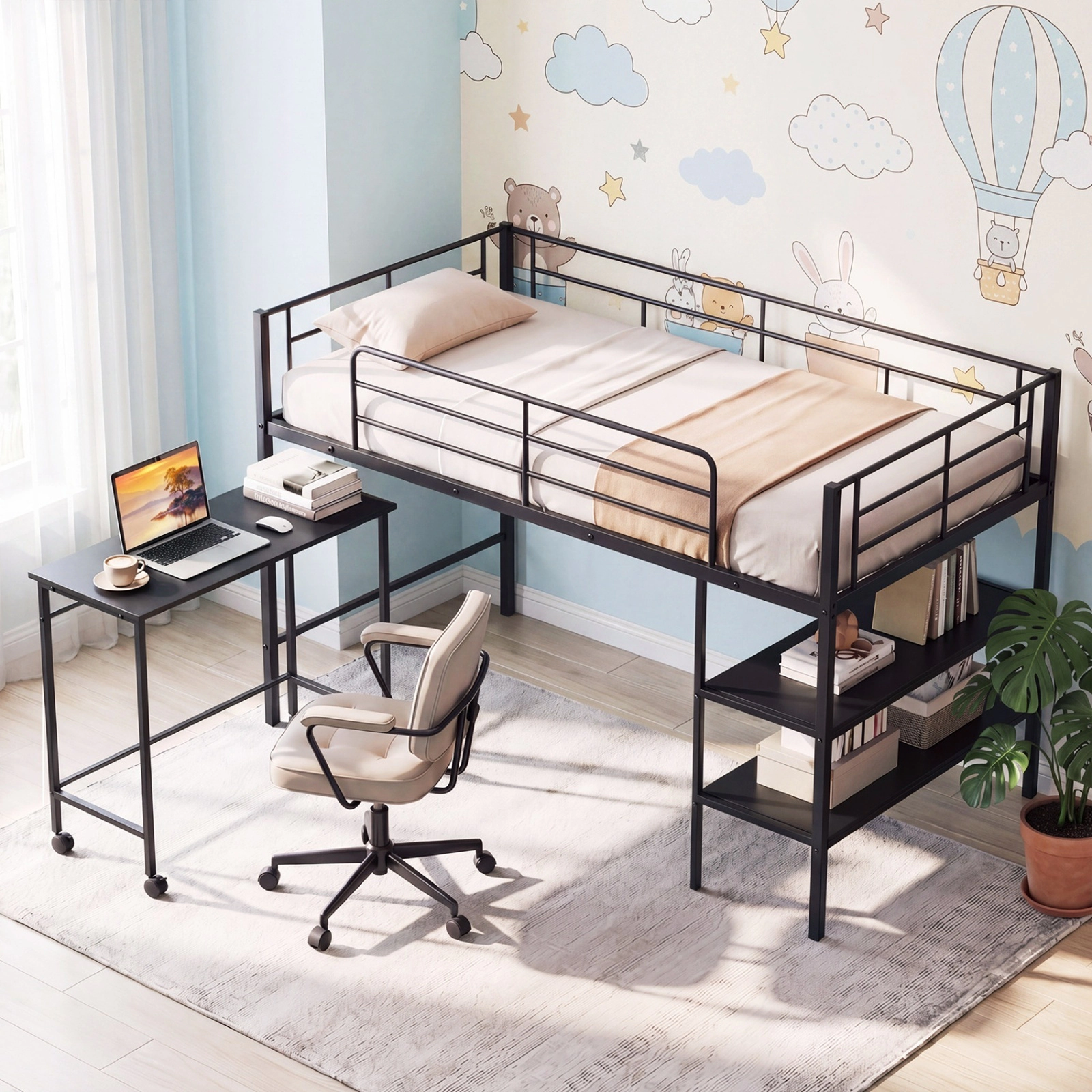 SUGIFT Twin Loft Bed with Rolling Desk and Bookshelf, Black Metal and Wood Frame
