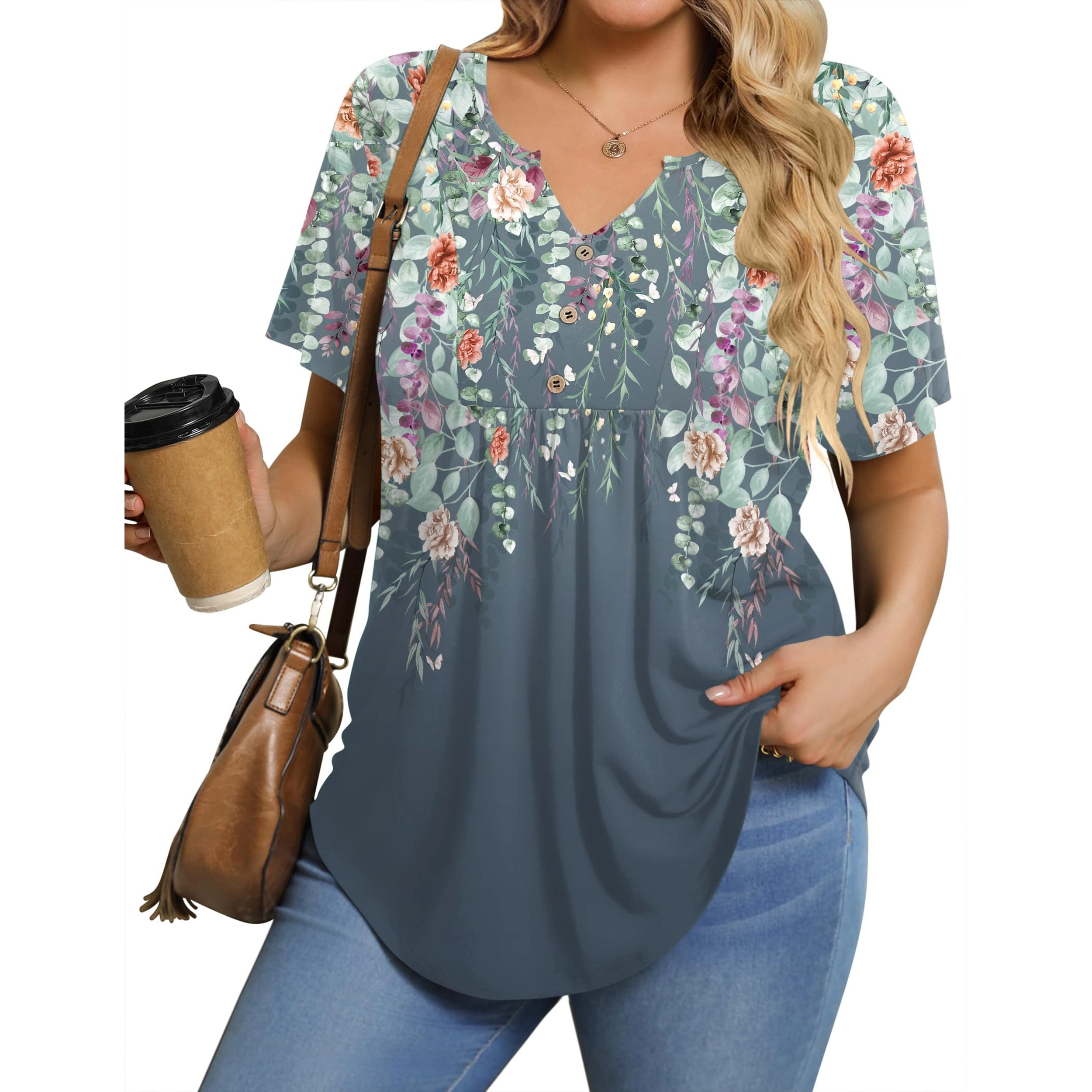 Zeagoo Women Button Front V Neck Tunic Blouse