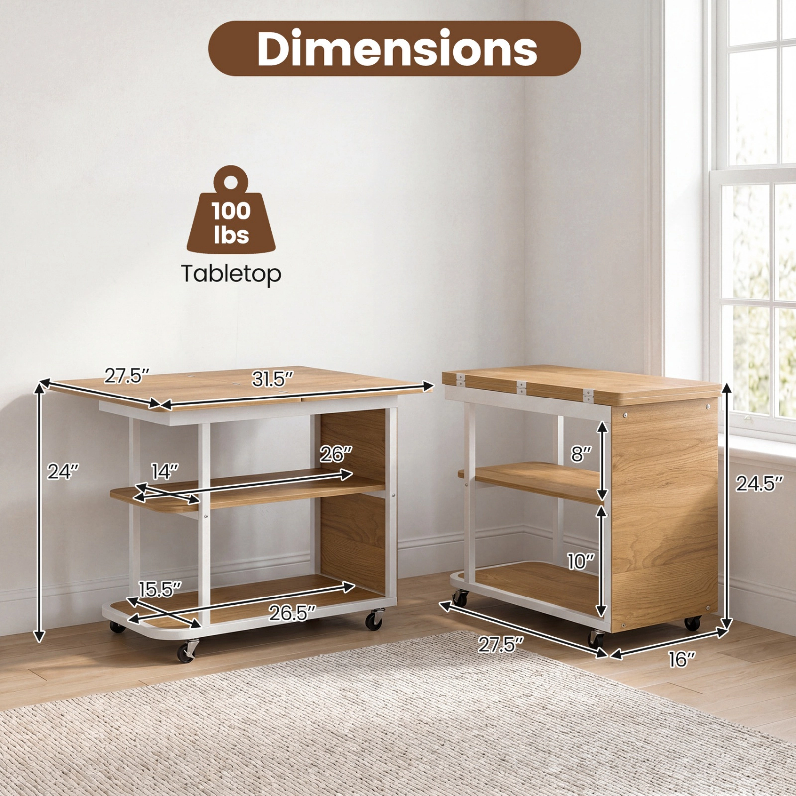SUGIFT Mobile Night Stand with Foldable Swivel Top and 2-Tier Shelf 100-lb Tabletop Capacity Natural & White