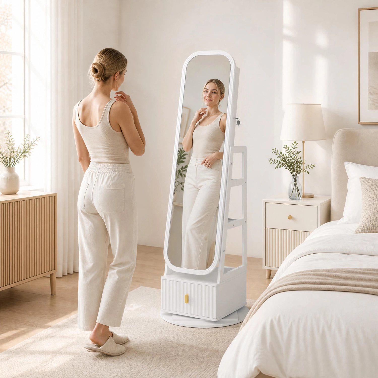 LJG 360° Swivel Jewelry Cabinet with Full-Length Mirror and Dual Hooks