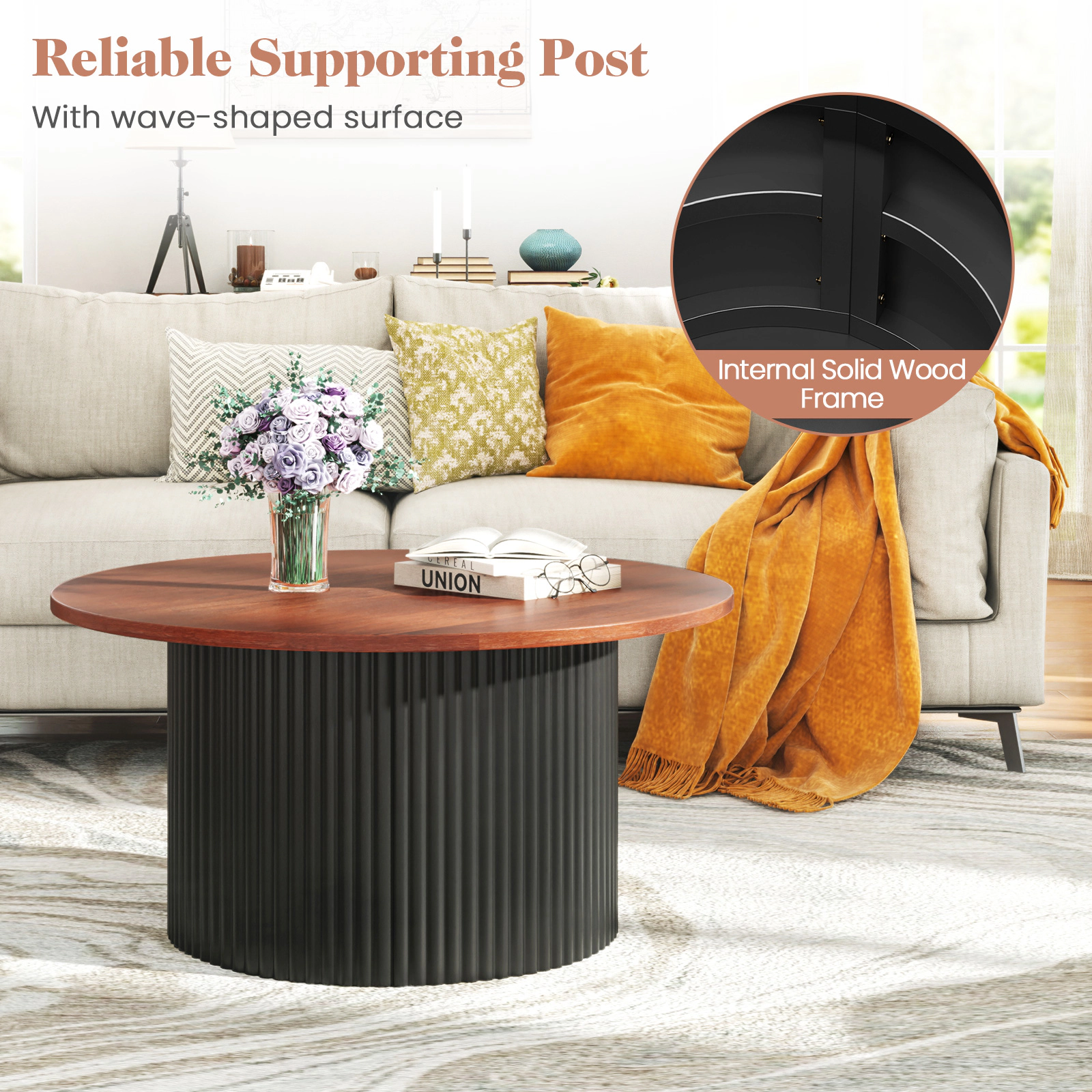 Glintex 32-Inch Round Coffee Table with Wave-Shaped Solid Wood Support, Natural + Black