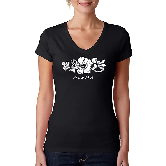 LA Pop Art Womens Word Art V-Neck T-Shirt - Aloha