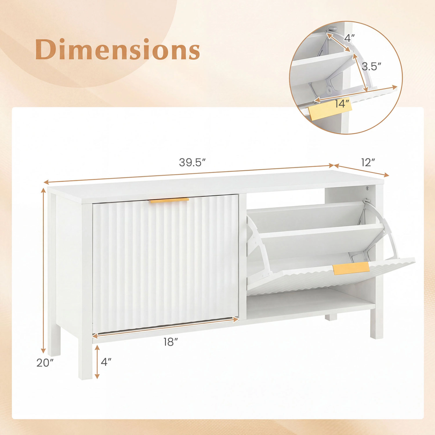 SUGIFT 39.5-in White Narrow Shoe Rack Storage Bench with 2 Flip Drawers and Fluted Doors 300-lb Seat