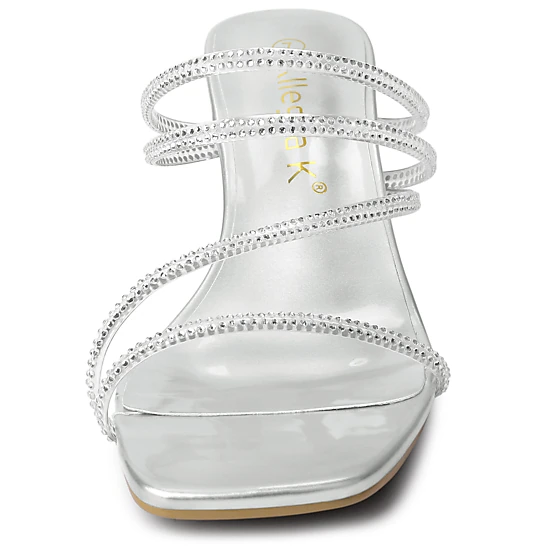 BLISSFUL STEP Women's Rhinestone Strappy Square Toe Kitten Heel Slide Sandals
