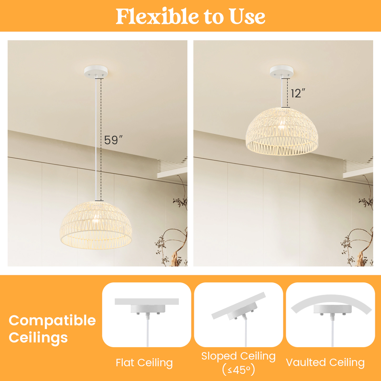 SUGIFT Hand-Woven Paper Farmhouse Pendant Light 17.5 x 10-in Lampshade 12-59-in Adjustable Rope E26 40W Max Beige