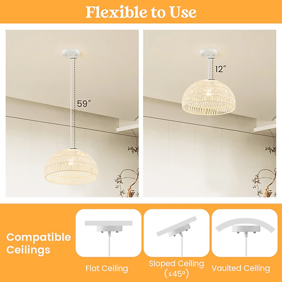 SUGIFT Hand-Woven Paper Farmhouse Pendant Light 17.5 x 10-in Lampshade 12-59-in Adjustable Rope E26 40W Max Beige