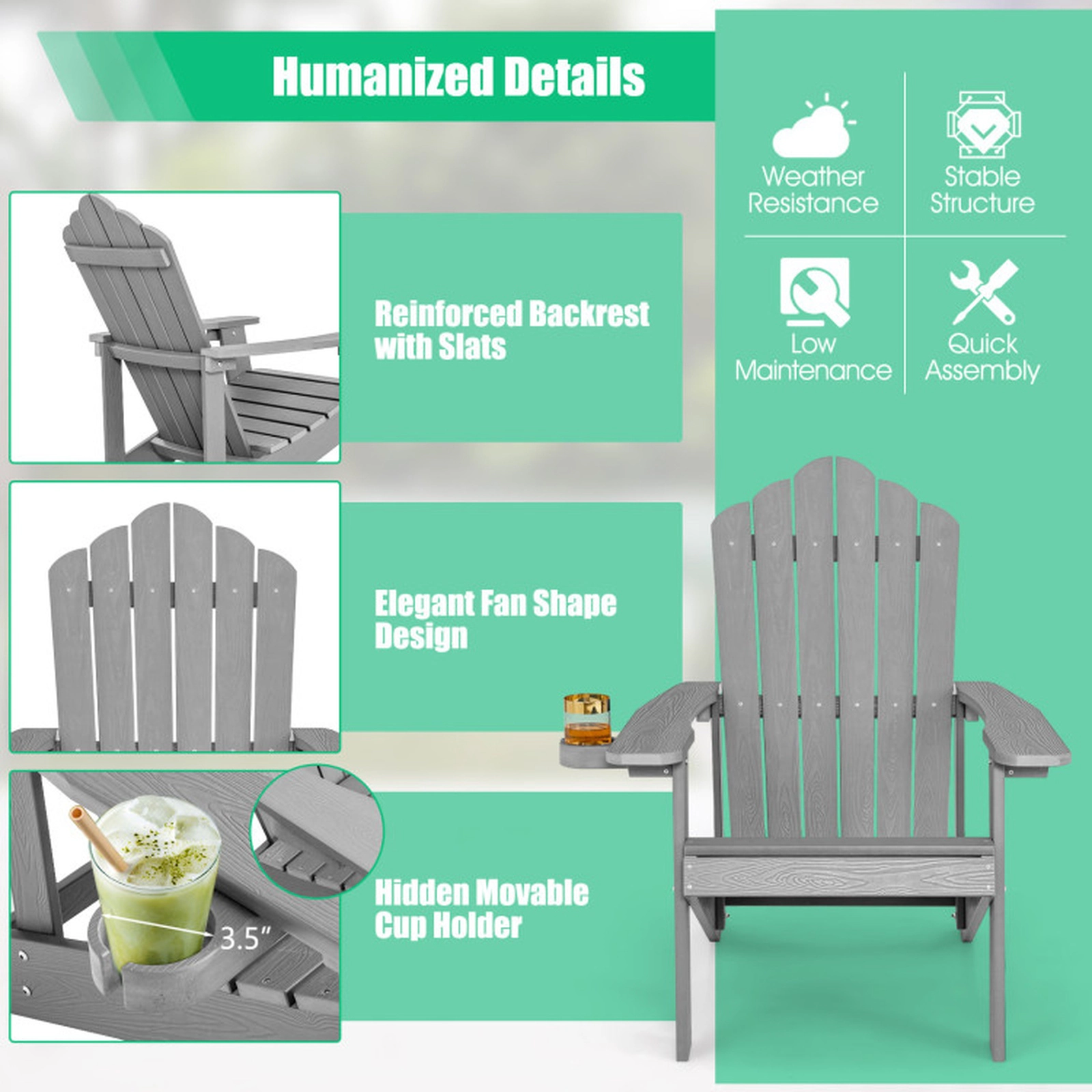 SUGIFT Silver Gray Adult and Kids Chairs for Porch and Backyard 2 Piece Adirondack Chair Set