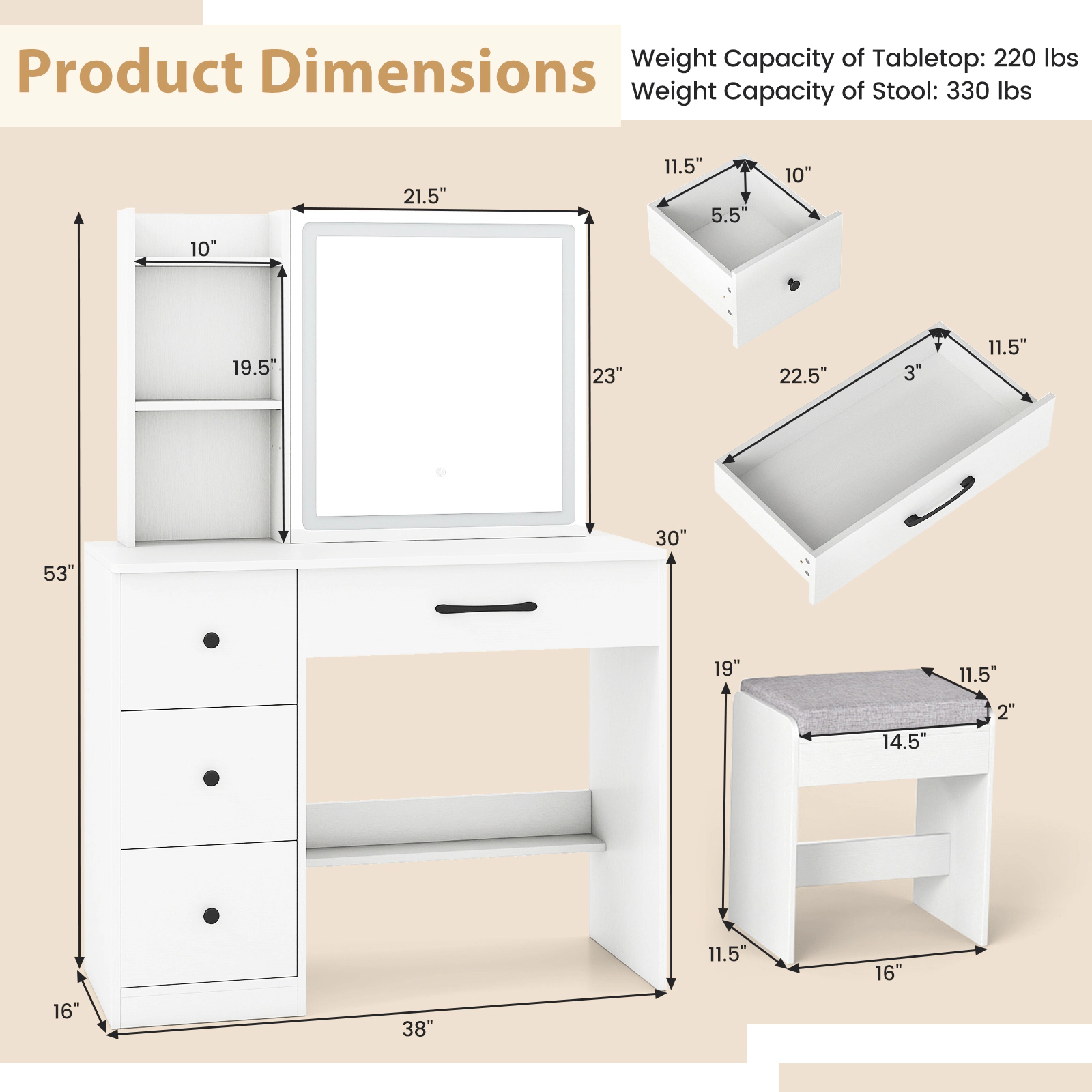 SUGIFT Vanity Desk White with Sliding Mirror Lights Stool and 4 Drawers