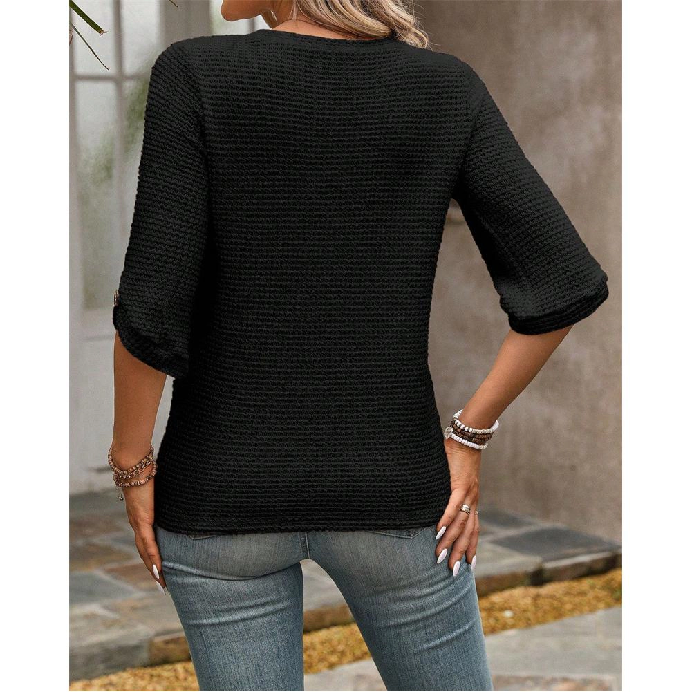 BLUEMING Womens Summer Tops 3/4 Length Sleeve Crew Neck Waffle Knit Pullover Shirts Loose Fit Going Out