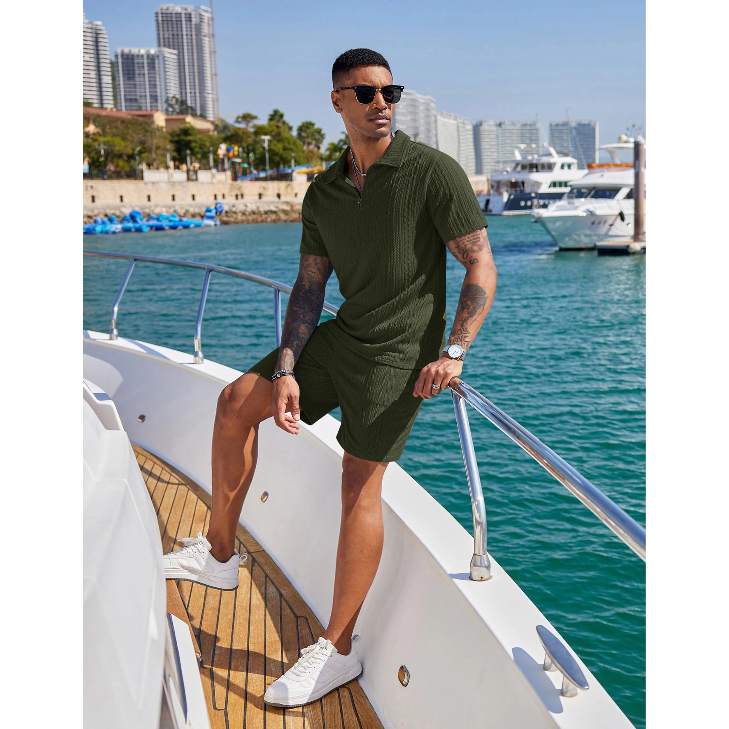 COOFANDY Mens Quarter Zip Polo Shirt Shorts Set Textured Short Sleeve Casual Outfit