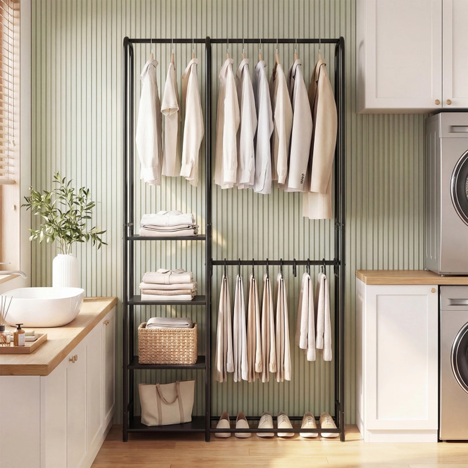 SUGIFT 2 Hanging Rods 4 Shelves 10 Pants Hangers Metal Portable Closet 33-in x 15-in x 63-in 120-lb Capacity Black